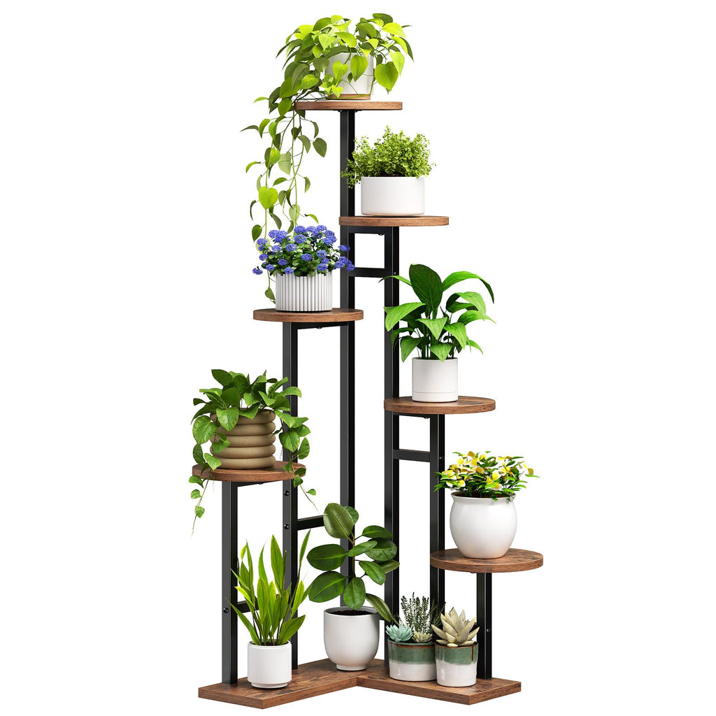 HOOBRO Corner Plant Stand Indoor, 7-Tier Plant Shelf for Multiple Indoor Plants, Corner Plant Rack Organizer, Square Flower Stand, for Living Room, Balcony, Patio, Rustic Brown and Black BF01HJ01