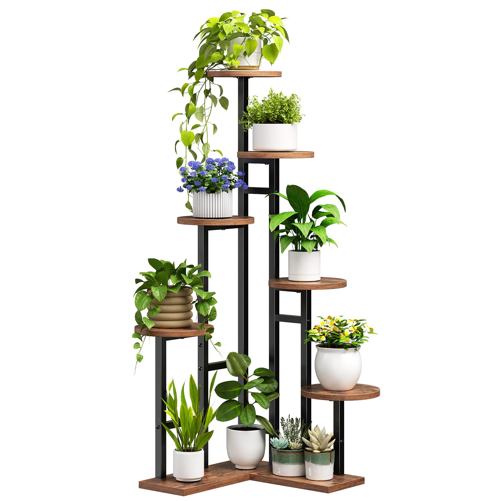 HOOBRO Corner Plant Stand Indoor, 7-Tier Plant Shelf for Multiple Indoor Plants, Corner Plant Rack Organizer, Square Flower Stand, for Living Room, Balcony, Patio, Rustic Brown and Black BF01HJ01