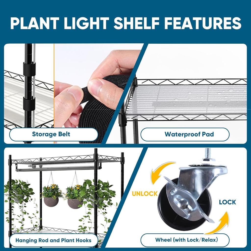 Plant Shelf with Grow Light, 4-Tier Metal Grow Light Shelf with Hanging Rod and Adjustable Rack,3-Pack 6000K T12 LED Full Spectrum Grow Lights for Seed Starting, Succulents, Built-in Timer