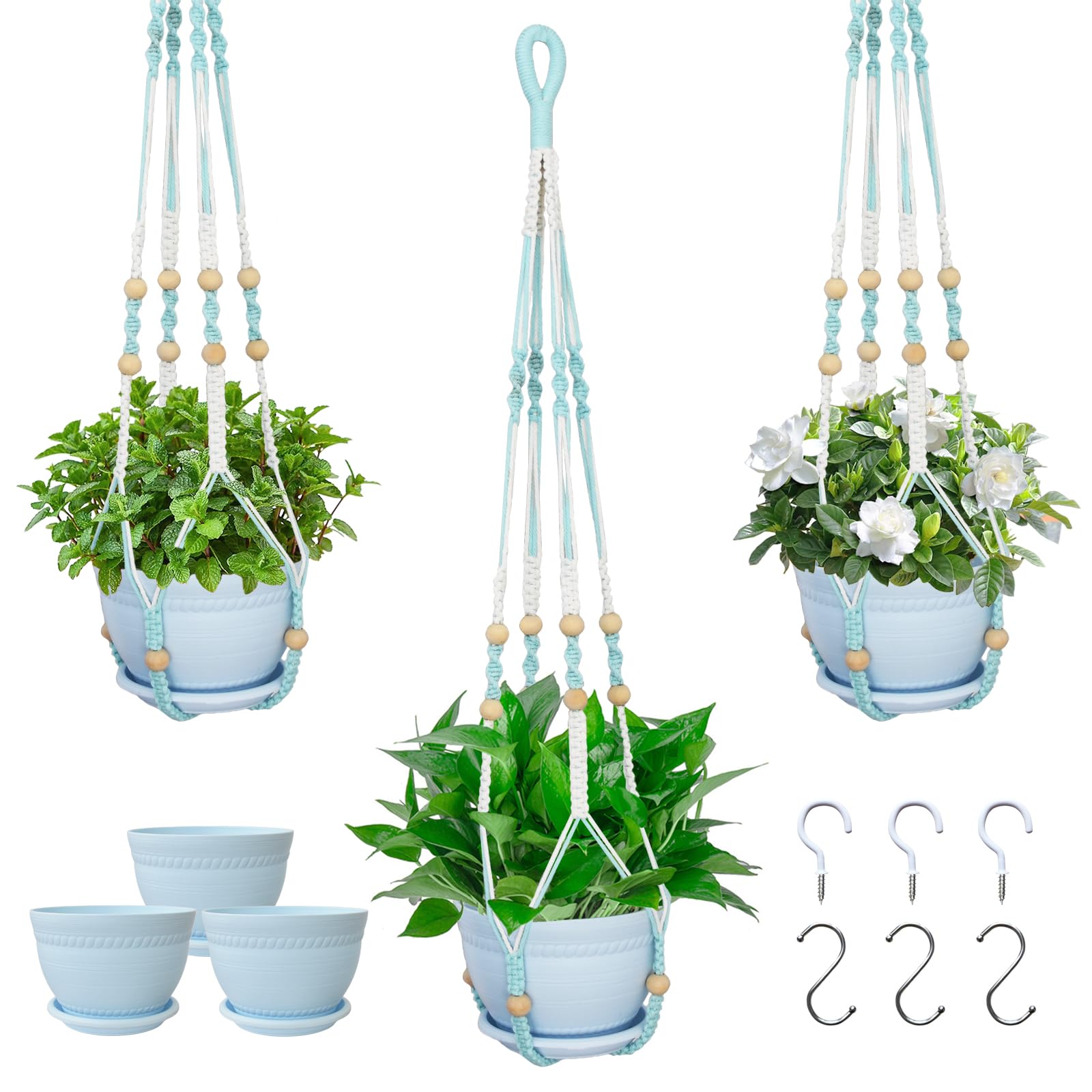 Macrame Plant Hanger with Pot, 3 Set Hanging Planters for Indoor Plants, Handmade Cotton Rope Boho Home Decor, Idea Gift for Anyone, Includes Plant Holders, Pots, Plates and Hooks (Mixed Color-1)
