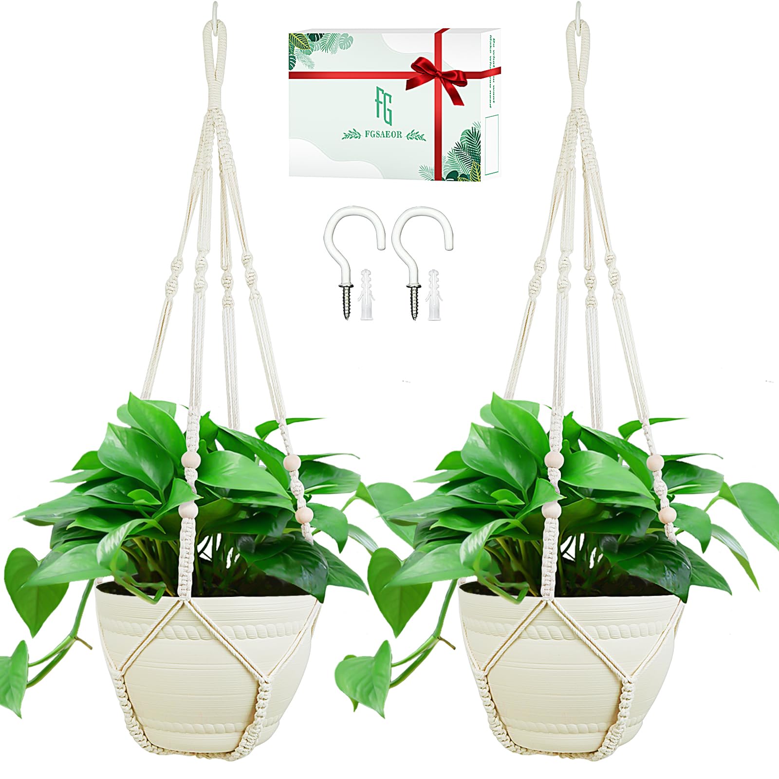 FGSAEOR Macrame Plant Holder Basket, Hanging 3-15 inch Pot, Bearing 20lb Planters, 35 Inches Extra Long Strong Boho Home Indoor Outdoor Décor (2-Pack) (Ivory)