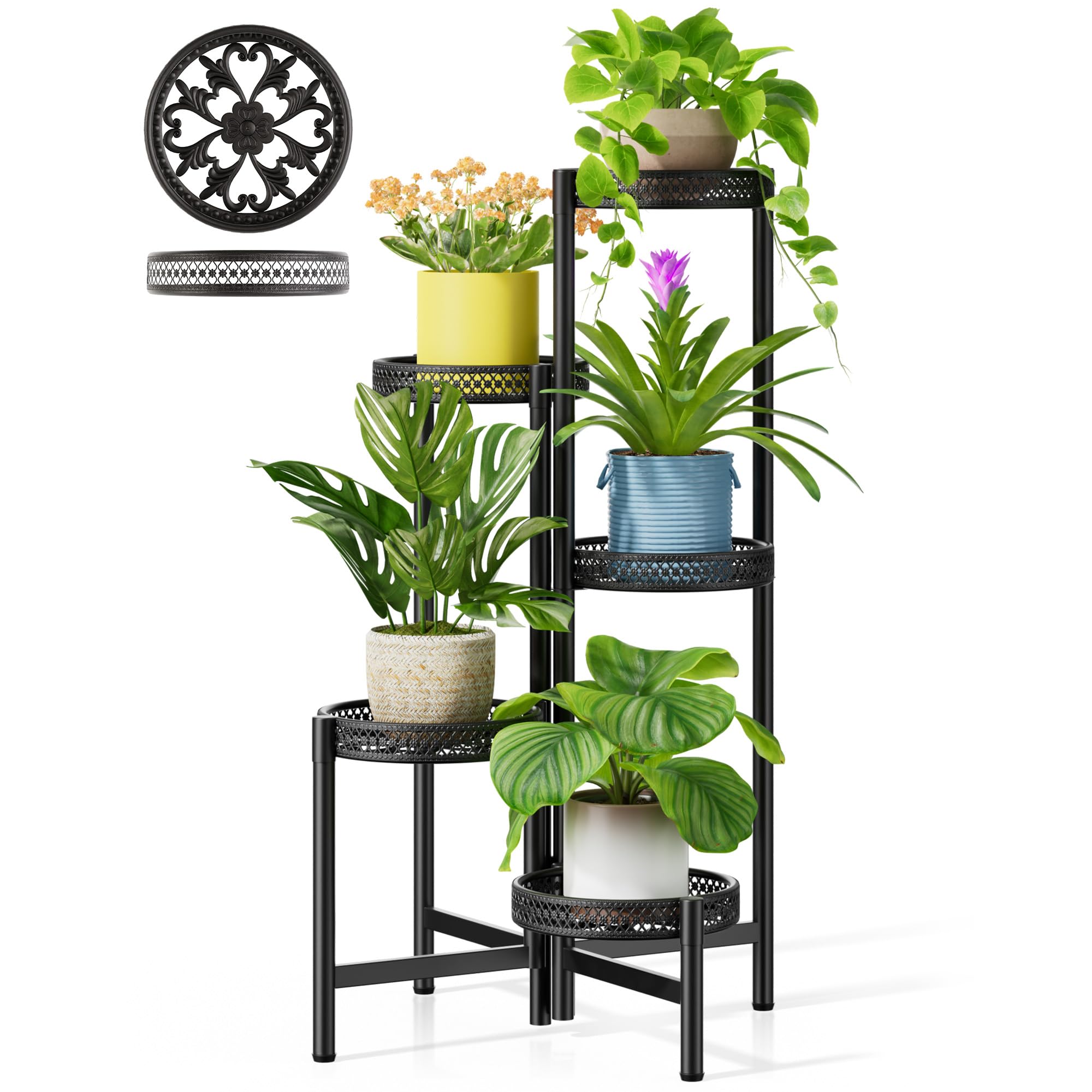 3 Tier Large Plant Stand Indoor with 7.9 Inch Wide Tray, Tiered Corner Metal Outdoor Flower Holder Stand, Folding Tall Rack for Display Shelf for Patio Porch Balcony - BlackDisk