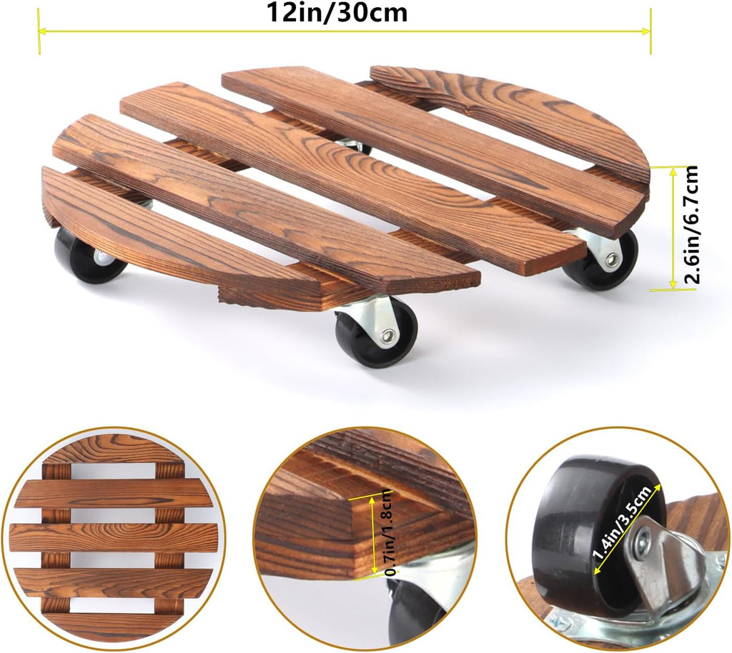2 Pack 12" Plant Caddy with Wheels, Rolling Plant Stand 220 LB Heavy Duty Wooden Round Plant Dolly with Metal 360° Lockable Caster Wheels for Outdoor Indoor Large Plant Pots, Flower Pot, Patio
