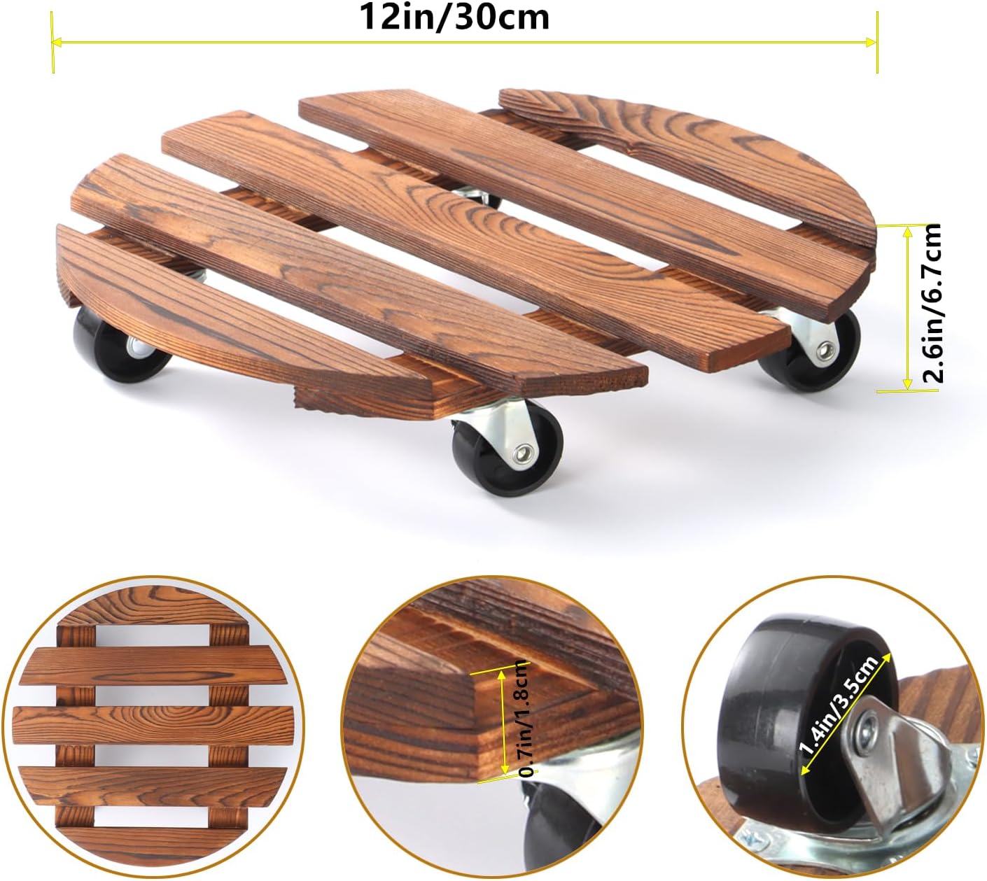 2 Pack 12" Plant Caddy with Wheels, Rolling Plant Stand 220 LB Heavy Duty Wooden Round Plant Dolly with Metal 360° Lockable Caster Wheels for Outdoor Indoor Large Plant Pots, Flower Pot, Patio