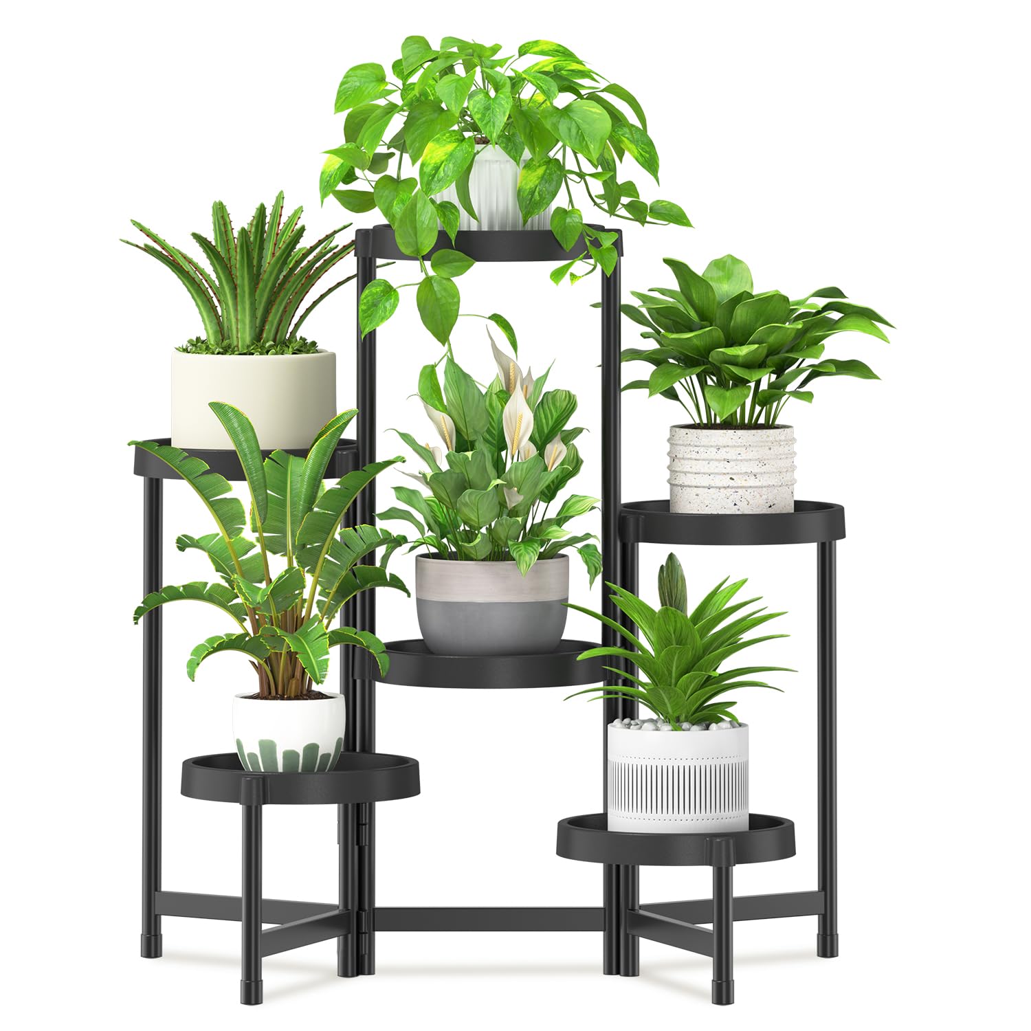 iDavosic.ly 3 Tier Folding Plant Stand Indoor Outdoor with Plastic Tray, Tiered Corner Flower Holder Shelf, Metal Orchid Display Rack for Patio Porch Living Room Garden Balcony, Modern Black