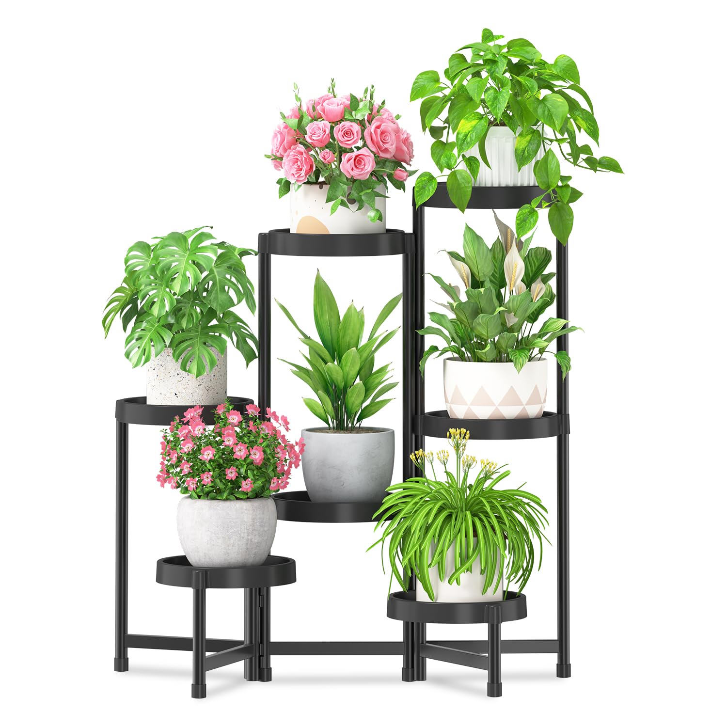 iDavosic.ly 3 Tier Folding Plant Stand Indoor Outdoor with Plastic Tray, Tiered Corner Flower Holder Shelf, Metal Orchid Display Rack for Patio Porch Living Room Garden Balcony, Modern Black
