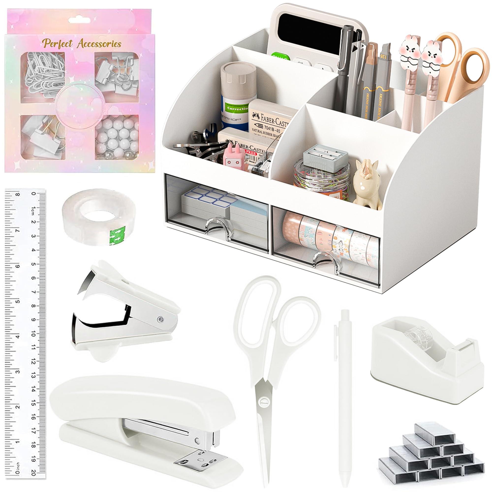 Desk Accessories with Pen Holder, Office Supplies Desk Organizers and Accessories, Tape Dispenser, Stapler, Staple Remover, Staples, Clips Set, Ruler, Scissor, Pen, Tape (White)