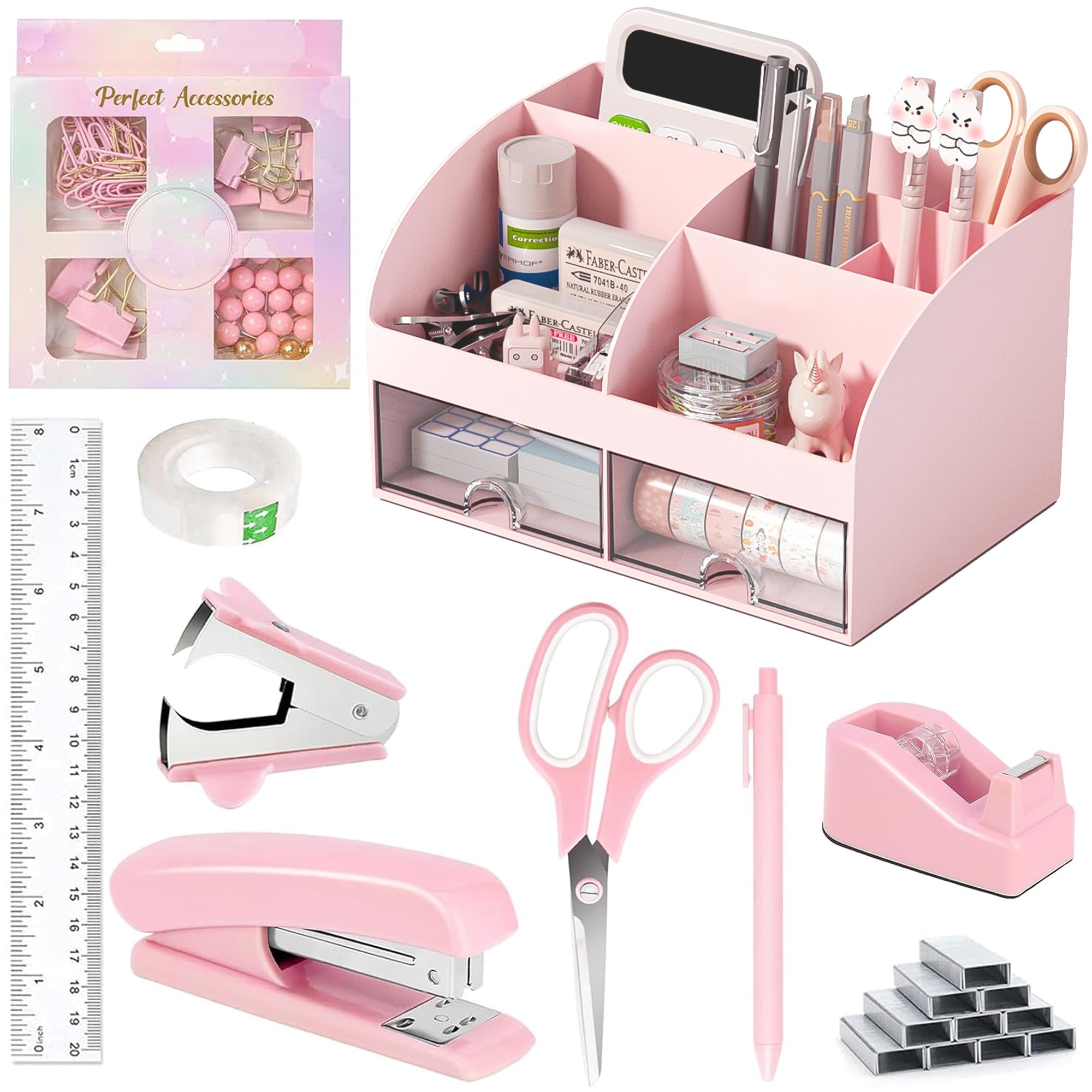 Desk Accessories with Pen Holder, Office Supplies Desk Organizers and Accessories, Tape Dispenser, Stapler, Staple Remover, Staples, Clips Set, Ruler, Scissor, Pen, Tape (White)