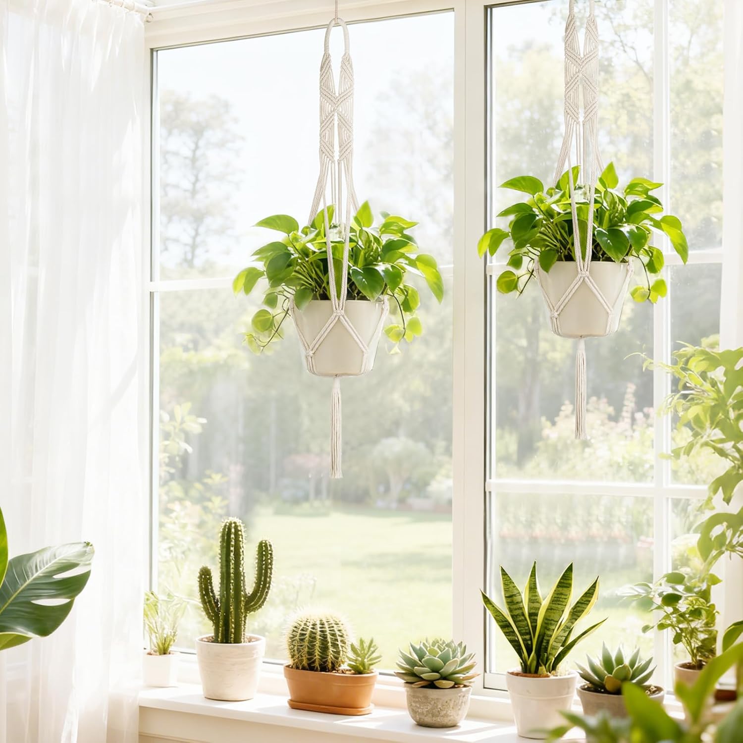 Mkono 2 Packs 43 Inch Macrame Plant Hanger Large for up to 12 Inch Pot Extra Long Hanging Plant Holder Hanging Planter Basket for Indoor Outdoor Boho Home Decor(POTS NOT Included)