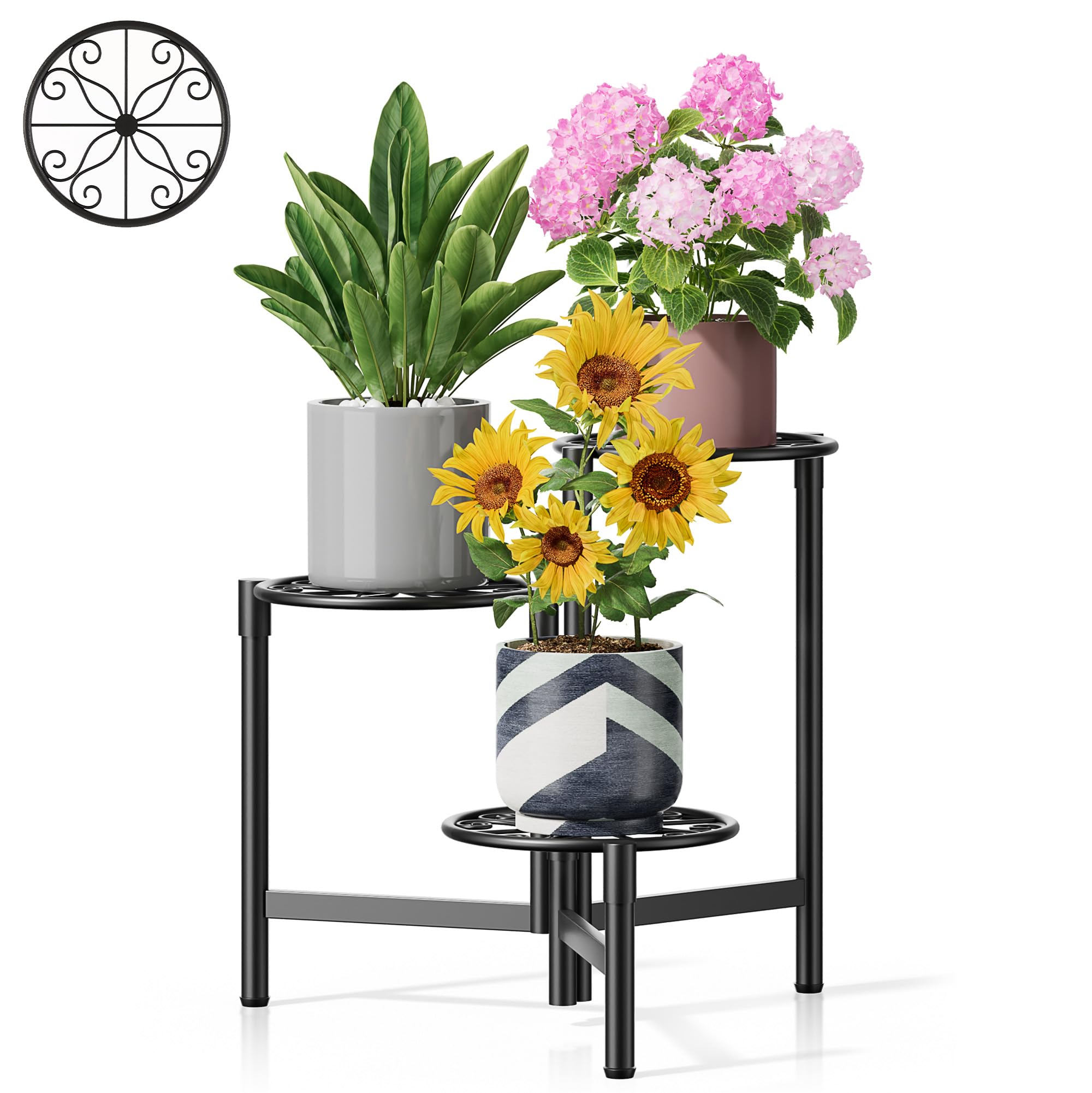 3 Tier Large Plant Stand Indoor with 7.9 Inch Wide Tray, Tiered Corner Metal Outdoor Flower Holder Stand, Folding Tall Rack for Display Shelf for Patio Porch Balcony - BlackDisk