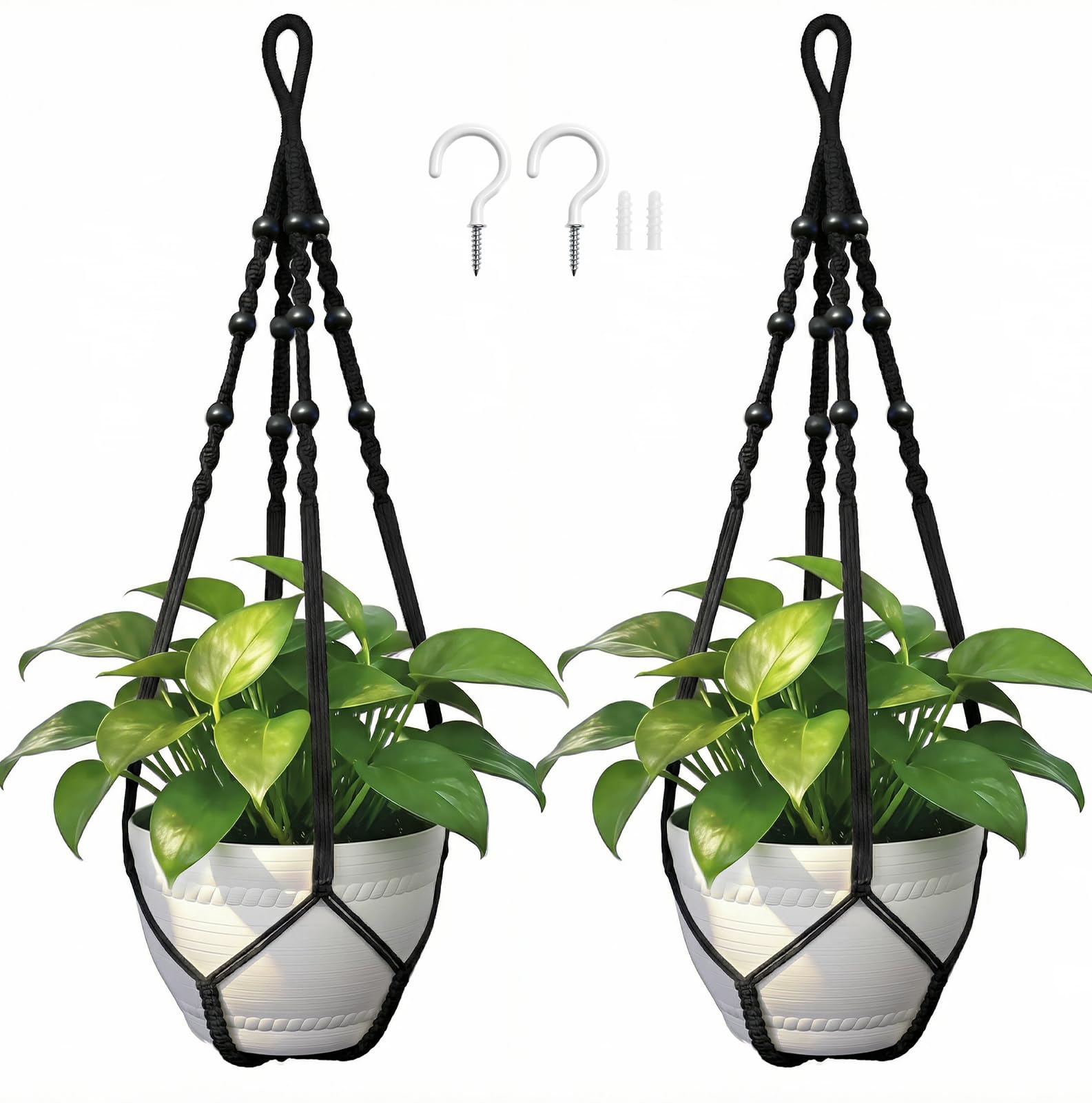 Macrame Plant Hanger, Up to 4-15 inch Pots, Wood Beads Cotton Hanging Planter Holder for Indoor Outdoor Boho Home Decor, 35 Inch, Set of 2 (Ivory)