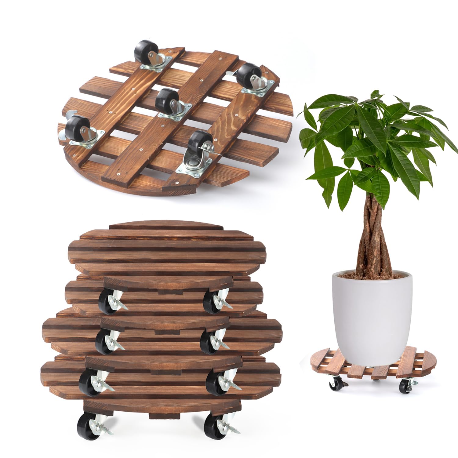 2 Pack 12" Plant Caddy with Wheels, Rolling Plant Stand 220 LB Heavy Duty Wooden Round Plant Dolly with Metal 360° Lockable Caster Wheels for Outdoor Indoor Large Plant Pots, Flower Pot, Patio