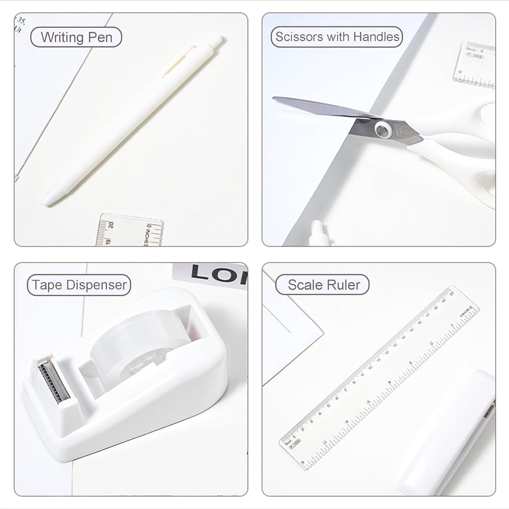 Desk Accessories with Pen Holder, Office Supplies Desk Organizers and Accessories, Tape Dispenser, Stapler, Staple Remover, Staples, Clips Set, Ruler, Scissor, Pen, Tape (White)