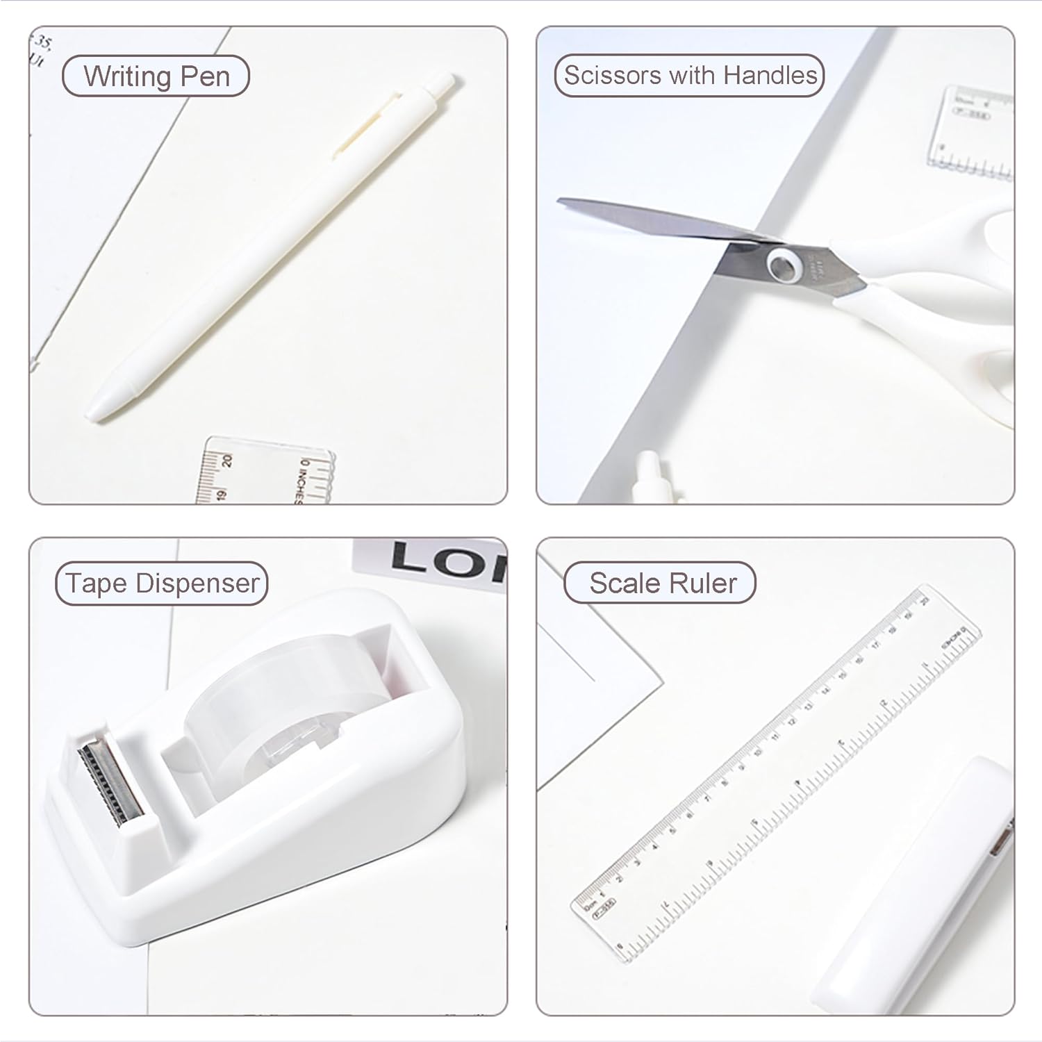 Desk Accessories with Pen Holder, Office Supplies Desk Organizers and Accessories, Tape Dispenser, Stapler, Staple Remover, Staples, Clips Set, Ruler, Scissor, Pen, Tape (White)