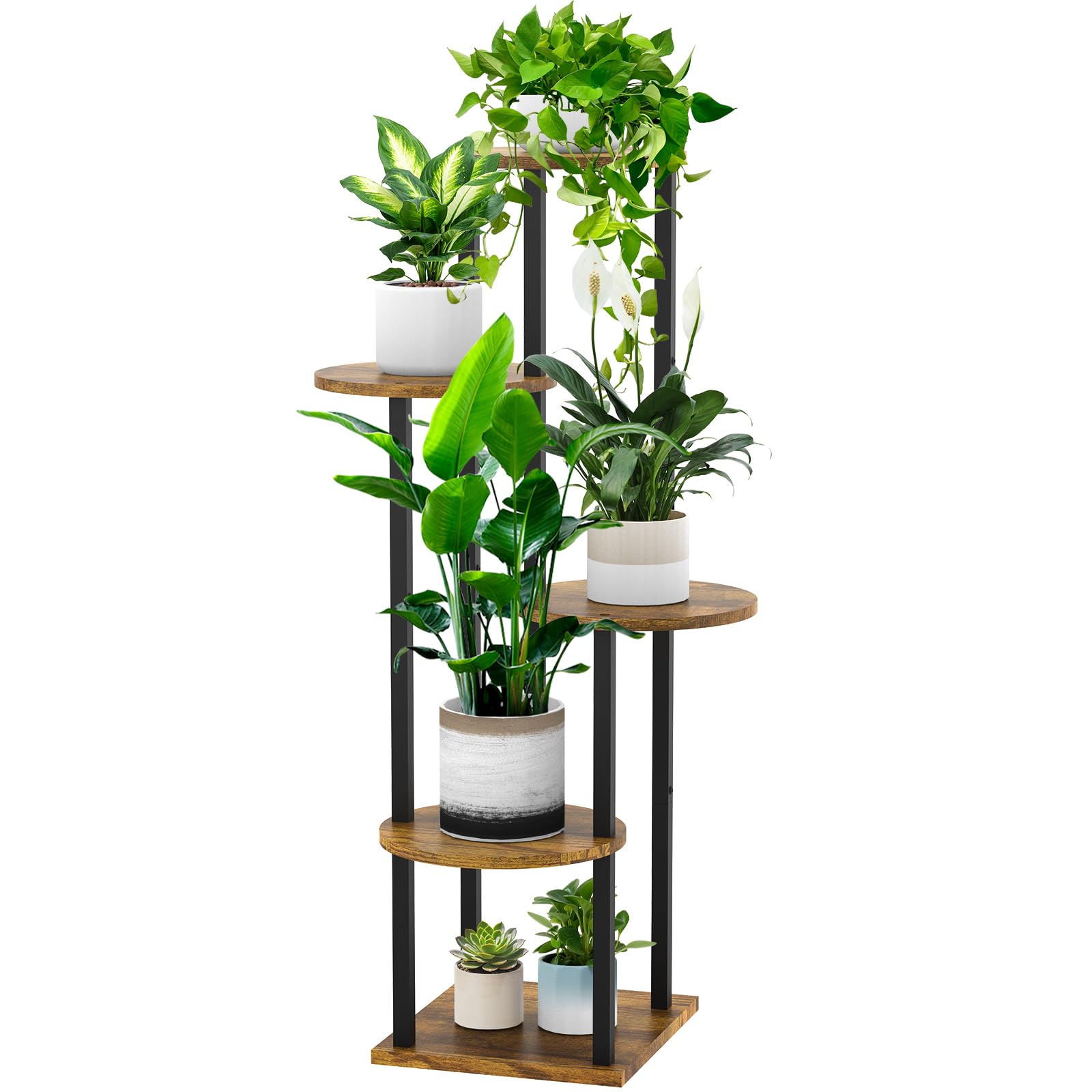 5 Tier Wood Tall Plant Stand Metal Rack Indoor, Multiple Flower Pot Holder Shelves Corner Rack, Round Planter Shelf Display Rack Storage Organizer for Patio Living Room Balcony(Black Oak)