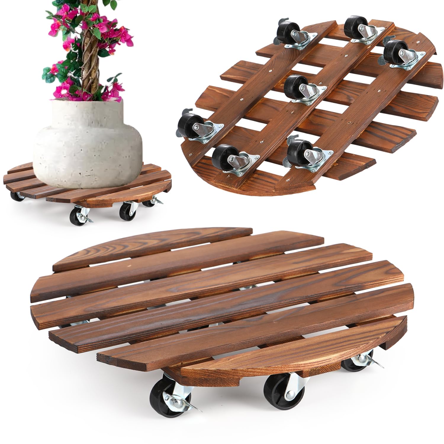 2 Pack 12" Plant Caddy with Wheels, Rolling Plant Stand 220 LB Heavy Duty Wooden Round Plant Dolly with Metal 360° Lockable Caster Wheels for Outdoor Indoor Large Plant Pots, Flower Pot, Patio