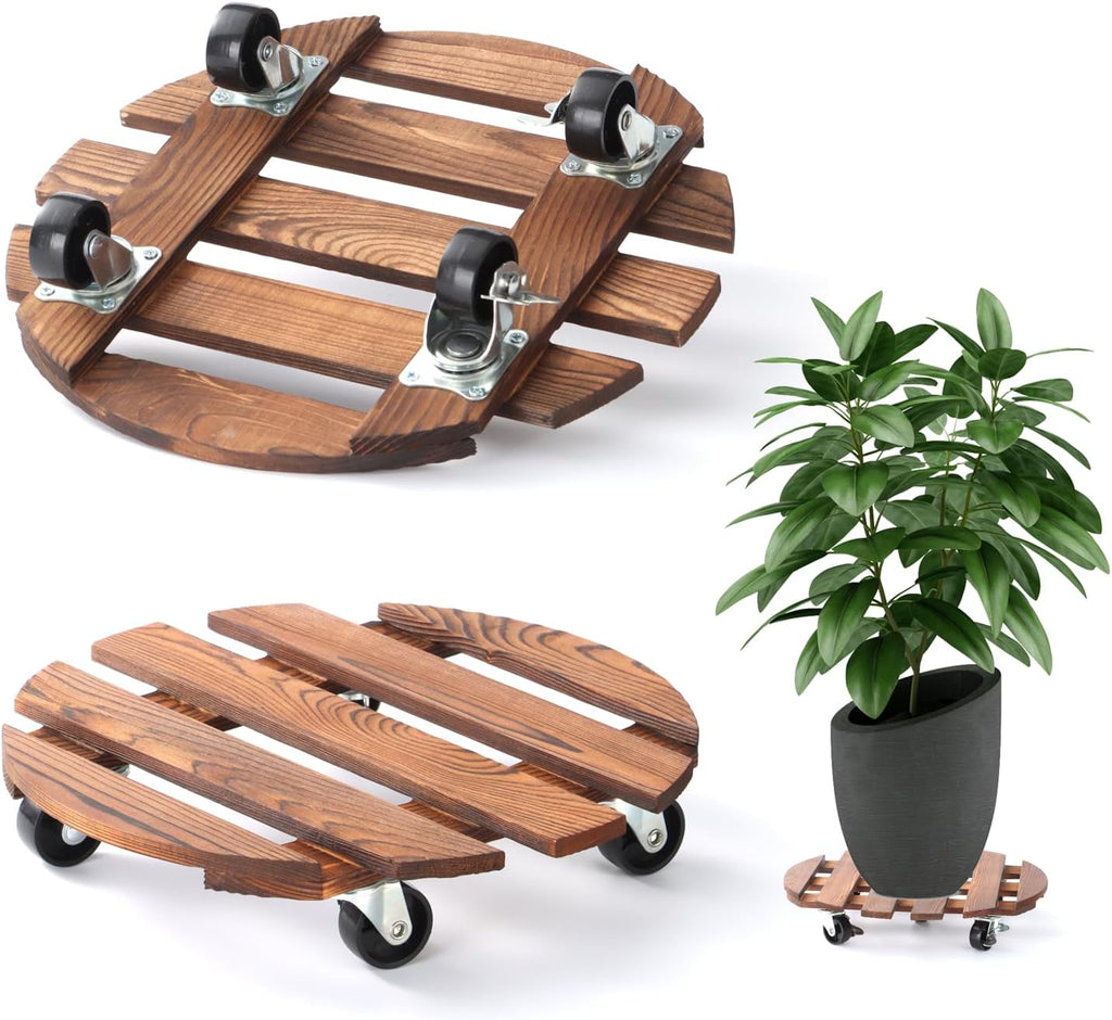 2 Pack 12" Plant Caddy with Wheels, Rolling Plant Stand 220 LB Heavy Duty Wooden Round Plant Dolly with Metal 360° Lockable Caster Wheels for Outdoor Indoor Large Plant Pots, Flower Pot, Patio