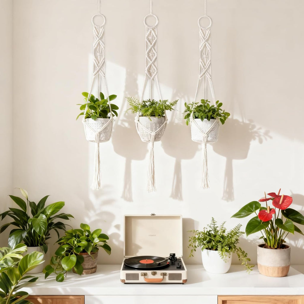 Mkono 3 Pack 39 Inch Macrame Plant Hangers Indoor Wall Hanging Planter Basket Flower Pot Holder Boho Home Decor, Ivory
