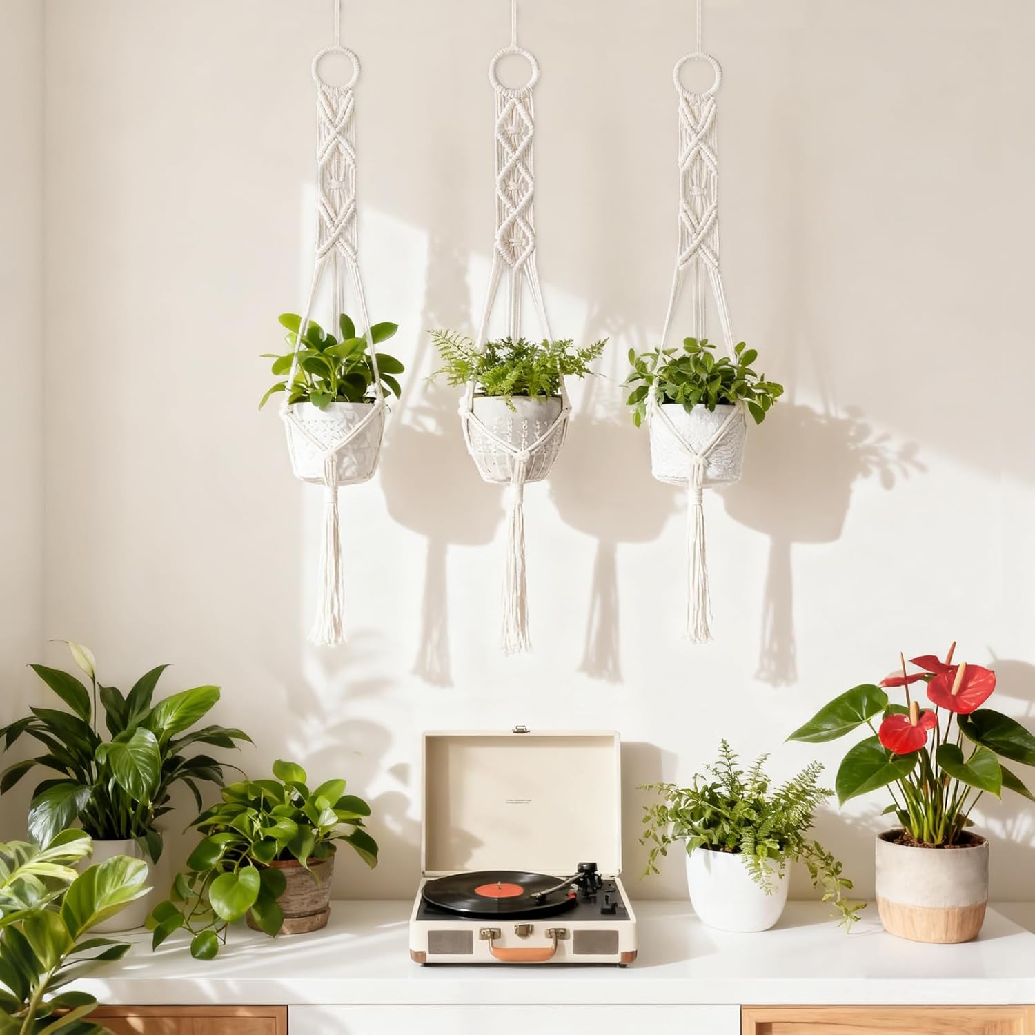 Mkono 3 Pack 39 Inch Macrame Plant Hangers Indoor Wall Hanging Planter Basket Flower Pot Holder Boho Home Decor, Ivory
