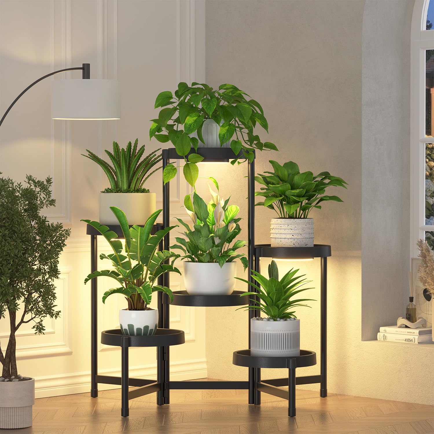 iDavosic.ly 3 Tier Folding Plant Stand Indoor Outdoor with Plastic Tray, Tiered Corner Flower Holder Shelf, Metal Orchid Display Rack for Patio Porch Living Room Garden Balcony, Modern Black
