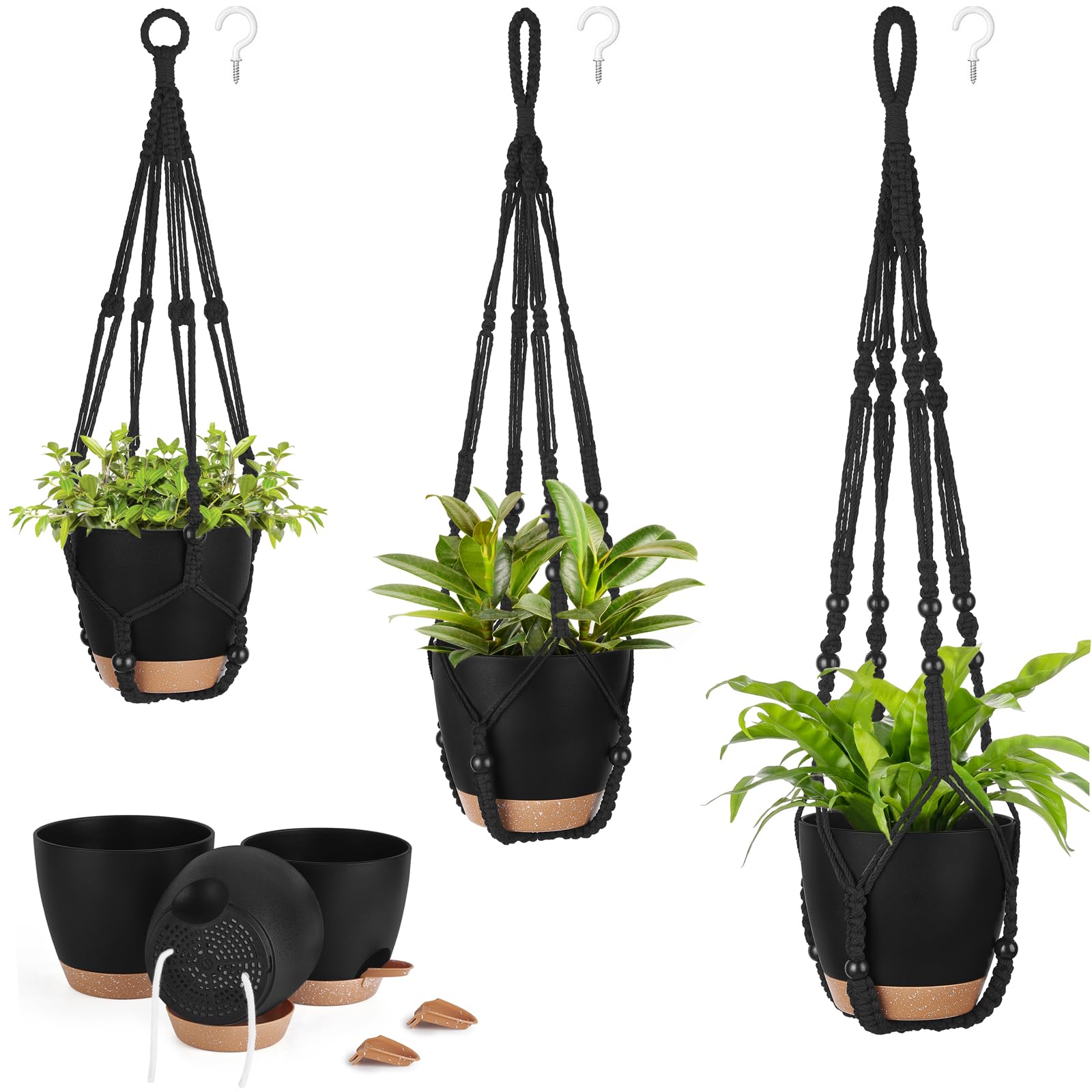 Mkono 3 Pack Hanging Planters for Indoor Plants with Self Watering, Outdoor Hanging Plant Pots with 35"/29"/23" Macrame Plant Hangers, 2 Types of Hanging Baskets for Garden Home Decor