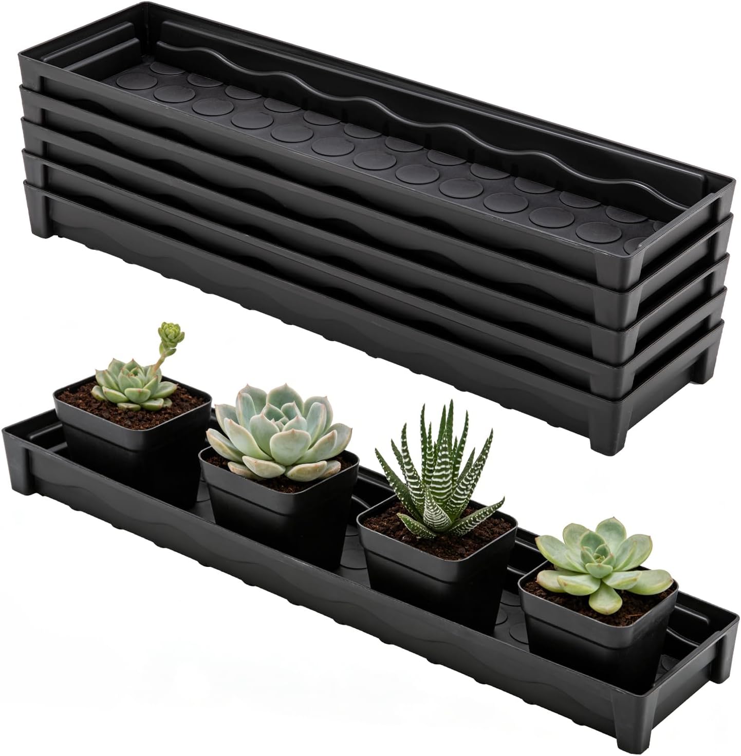 5 Pack Plant Saucer Growing Tray, Rectangular Windowsill Plant Pot Trays with Removable Drainage Hole, Seed Starter Tray Plastic Plant Drainage Saucers for 4 inch Flower Seedling Pots (16"x4.5"x1.5")