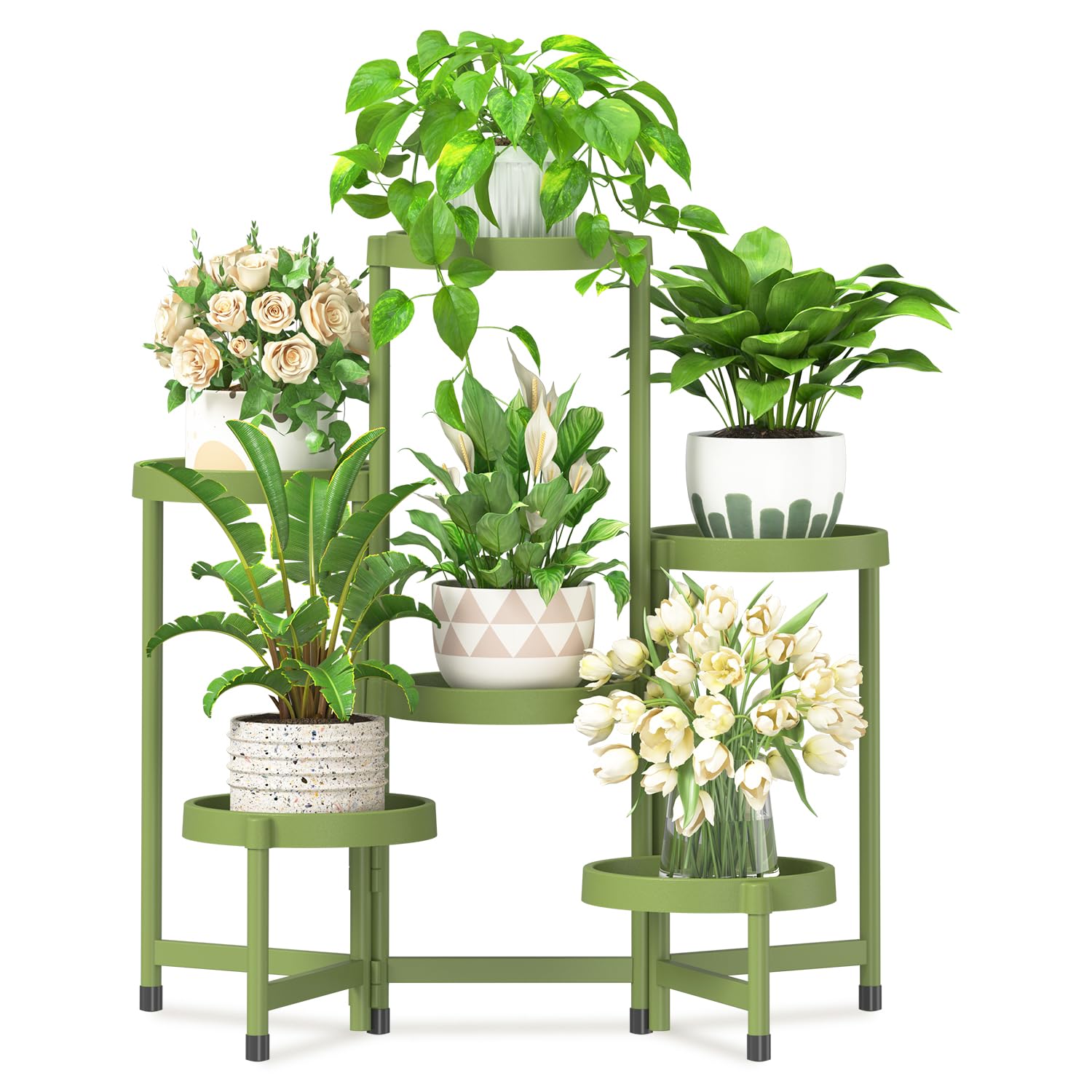 iDavosic.ly 3 Tier Folding Plant Stand Indoor Outdoor with Plastic Tray, Tiered Corner Flower Holder Shelf, Metal Orchid Display Rack for Patio Porch Living Room Garden Balcony, Modern Black