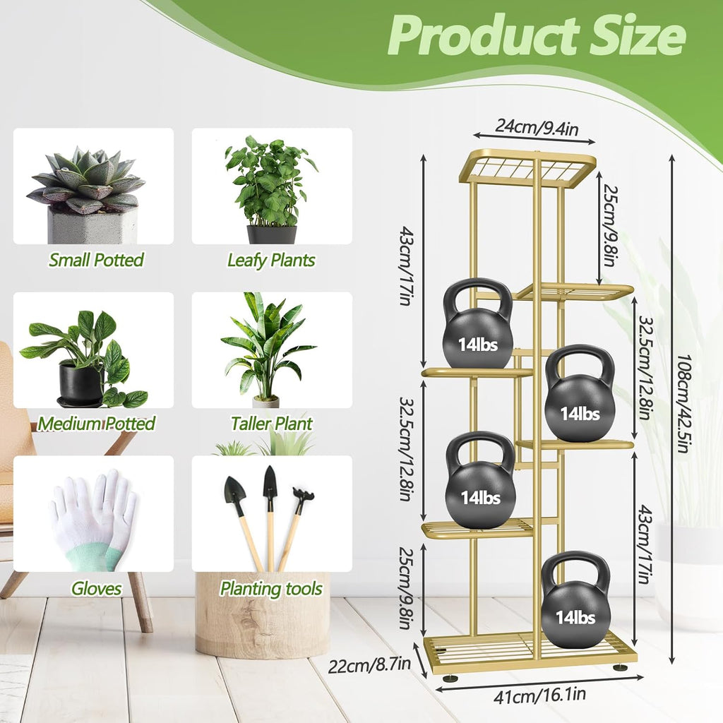 6 Tier Gold Plant Stands Indoor Outdoor, Upgraded Corner Metal Plant Rack Shelf for Multiple Plants, with Gardening Tools and Gloves, Tall Flower Pot Holder Display for Patio, Balcony