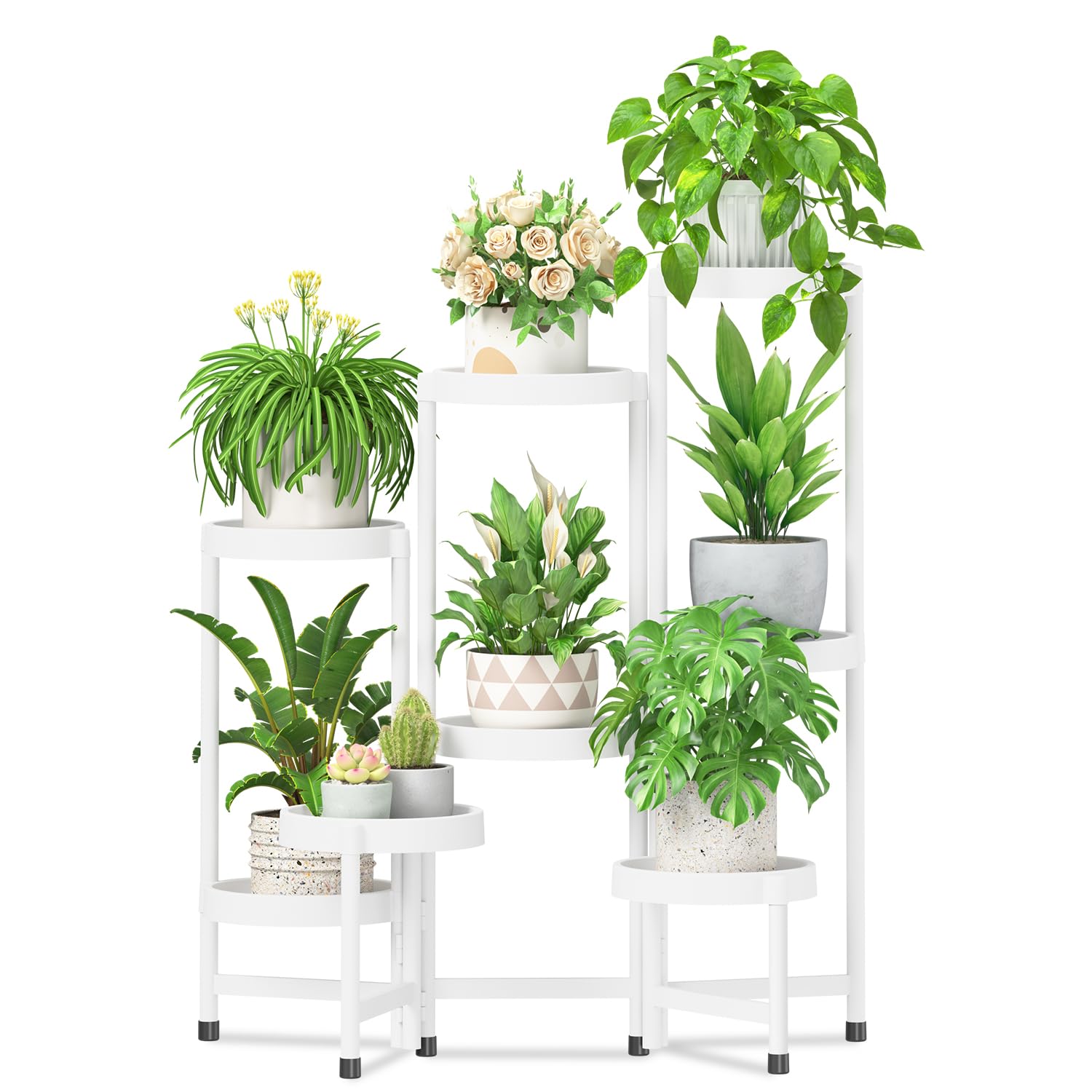 iDavosic.ly 3 Tier Folding Plant Stand Indoor Outdoor with Plastic Tray, Tiered Corner Flower Holder Shelf, Metal Orchid Display Rack for Patio Porch Living Room Garden Balcony, Modern Black