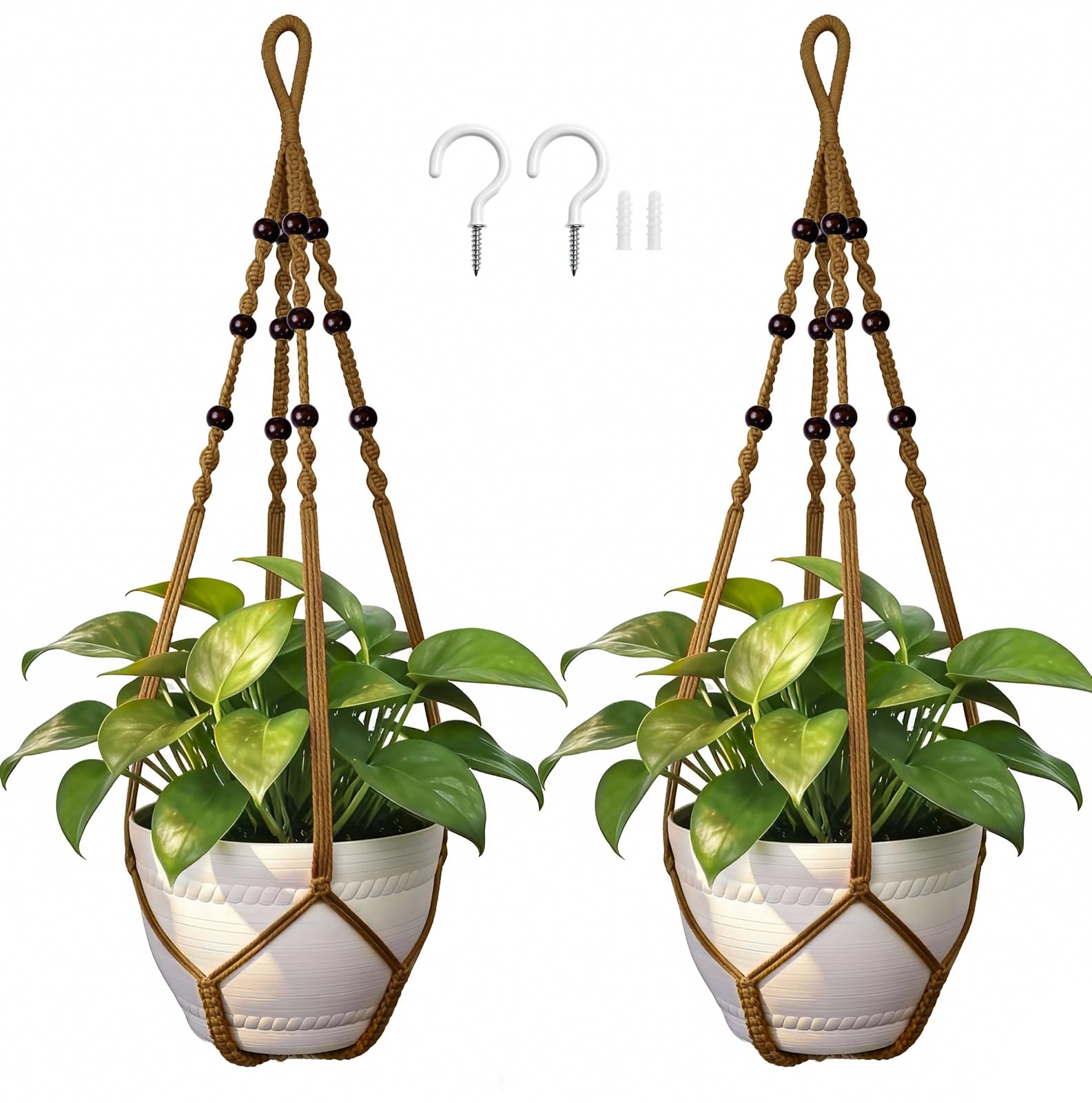 Macrame Plant Hanger, Up to 4-15 inch Pots, Wood Beads Cotton Hanging Planter Holder for Indoor Outdoor Boho Home Decor, 35 Inch, Set of 2 (Ivory)