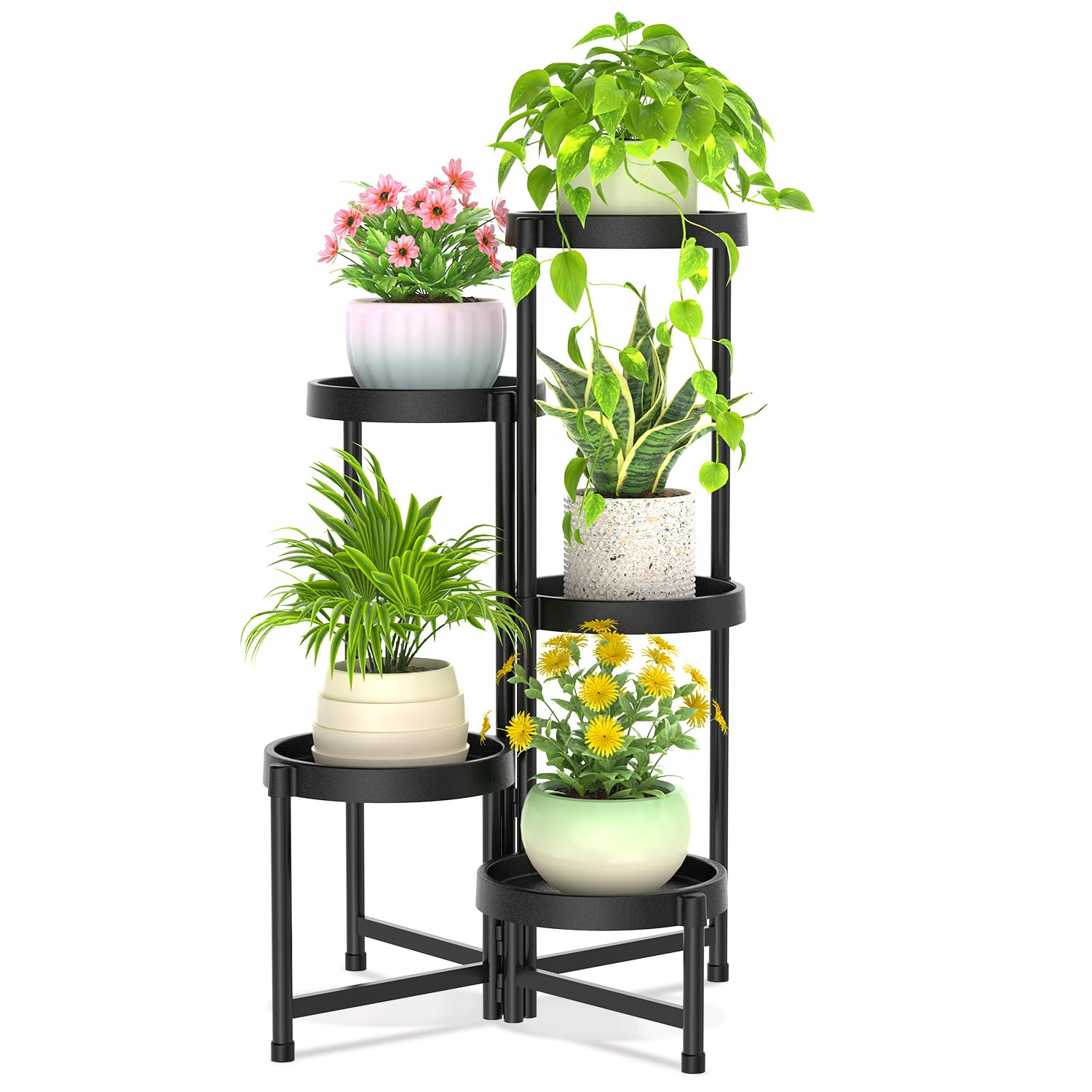 iDavosic.ly 3 Tier Folding Plant Stand Indoor Outdoor with Plastic Tray, Tiered Corner Flower Holder Shelf, Metal Orchid Display Rack for Patio Porch Living Room Garden Balcony, Modern Black