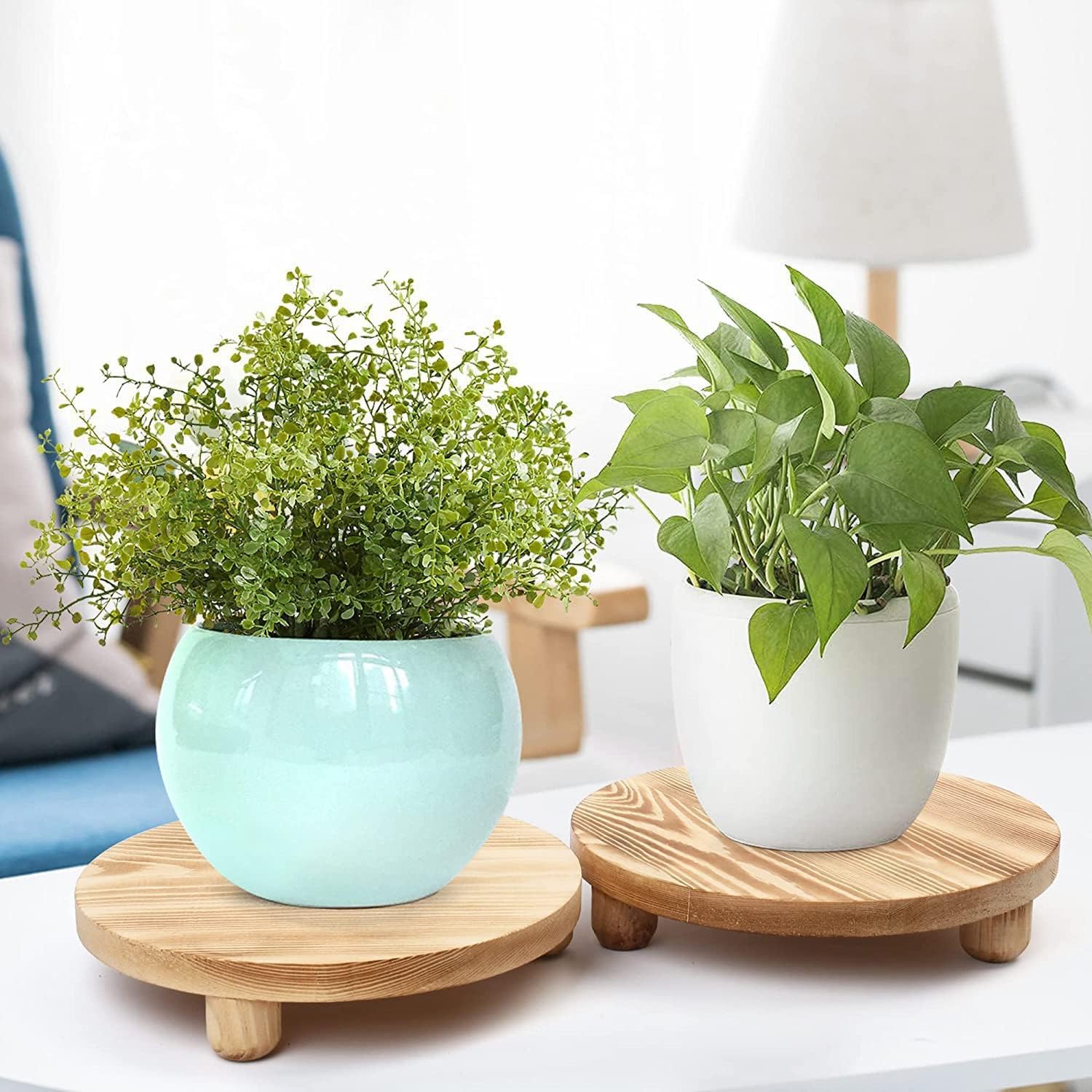 Wood Riser for Decor, 2 Pack Wood Pedestal Stand for Display, Round Wooden Tray for Kitchen Counter, Wooden Pedestal Stand for Plant Pot Indoor