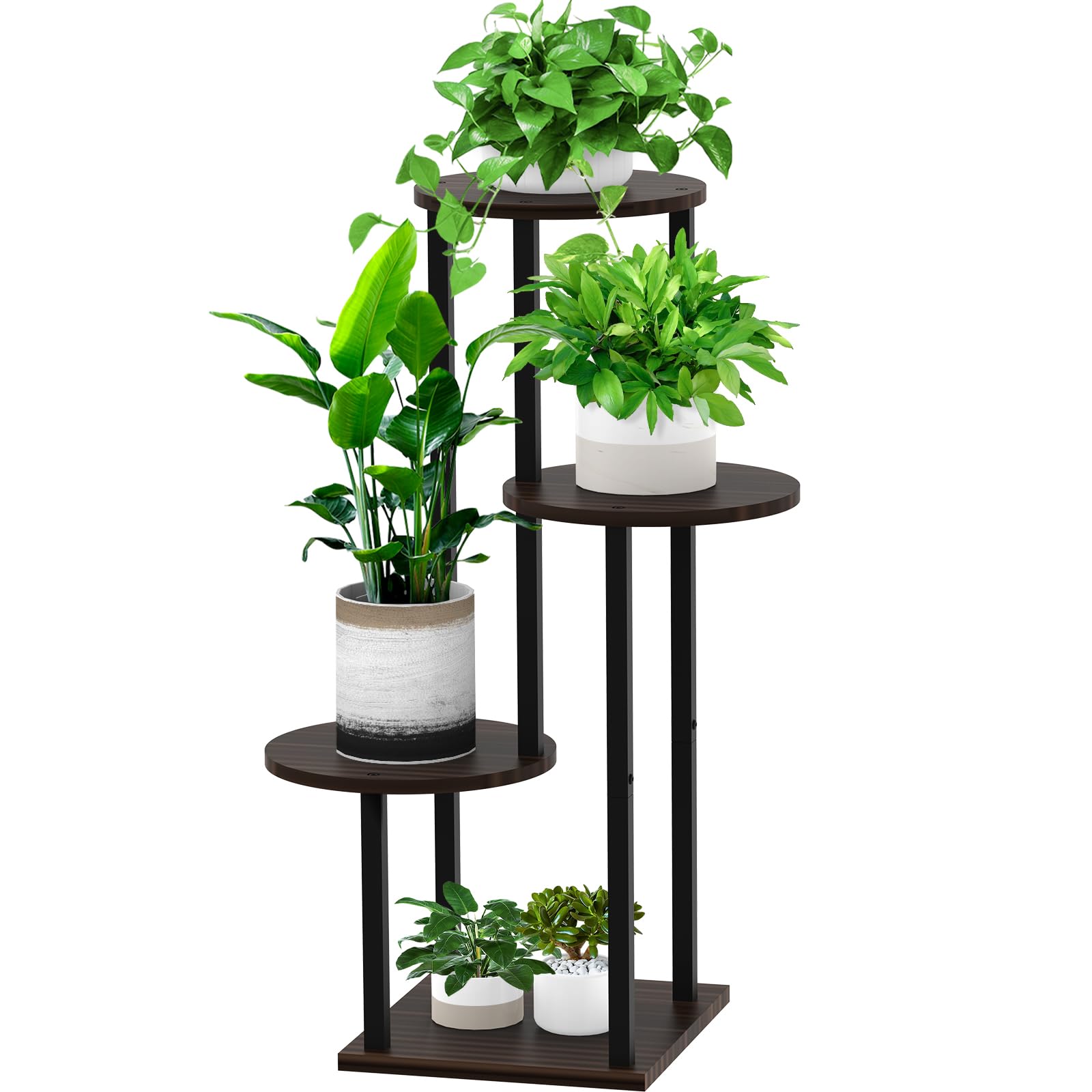 5 Tier Wood Tall Plant Stand Metal Rack Indoor, Multiple Flower Pot Holder Shelves Corner Rack, Round Planter Shelf Display Rack Storage Organizer for Patio Living Room Balcony(Black Oak)