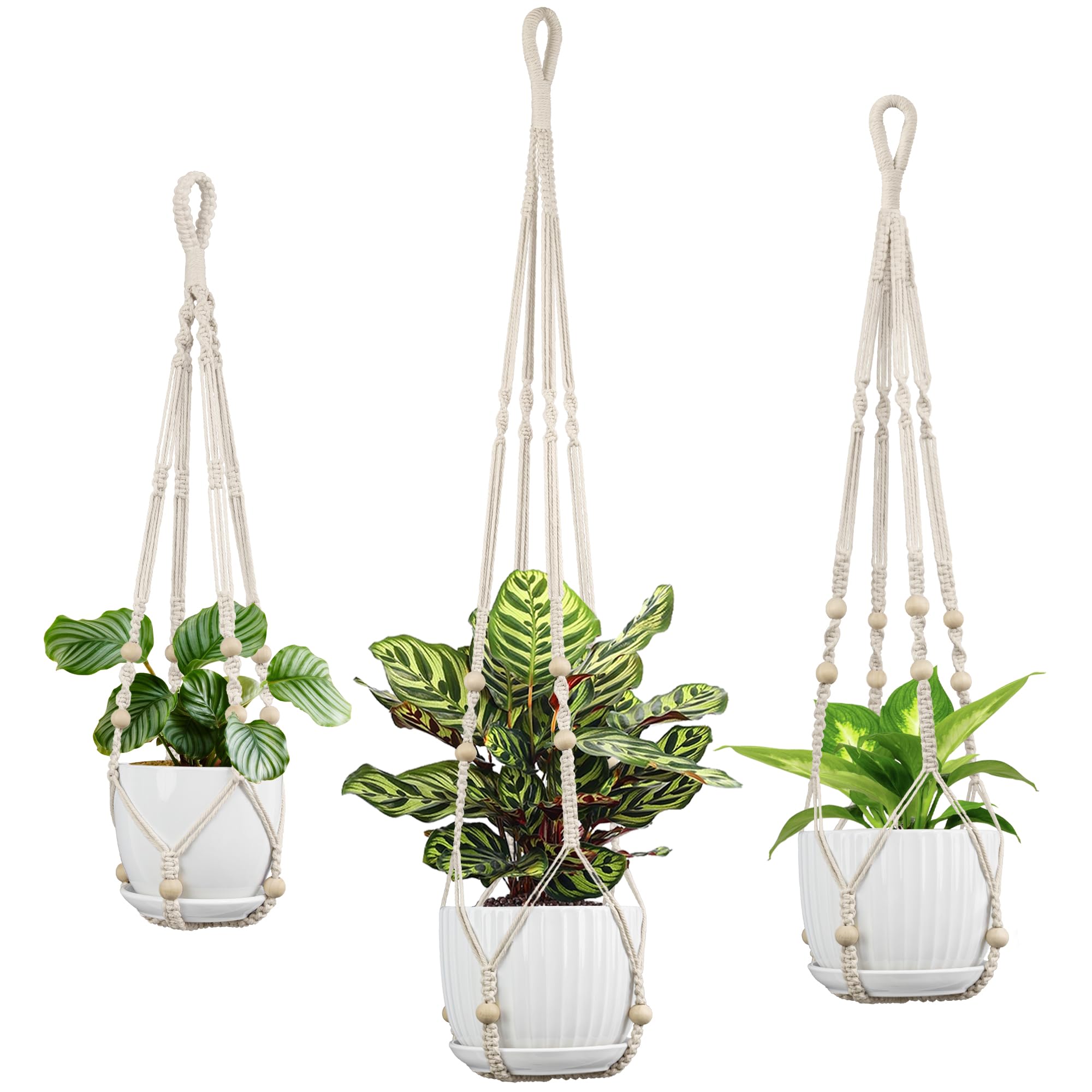 Macrame Plant Hanger - Fits 4 to 13 inches Pots for Indoor Outdoor, 35"/29"/23" Different Sizes Set, Ivory (POTS NOT Included)