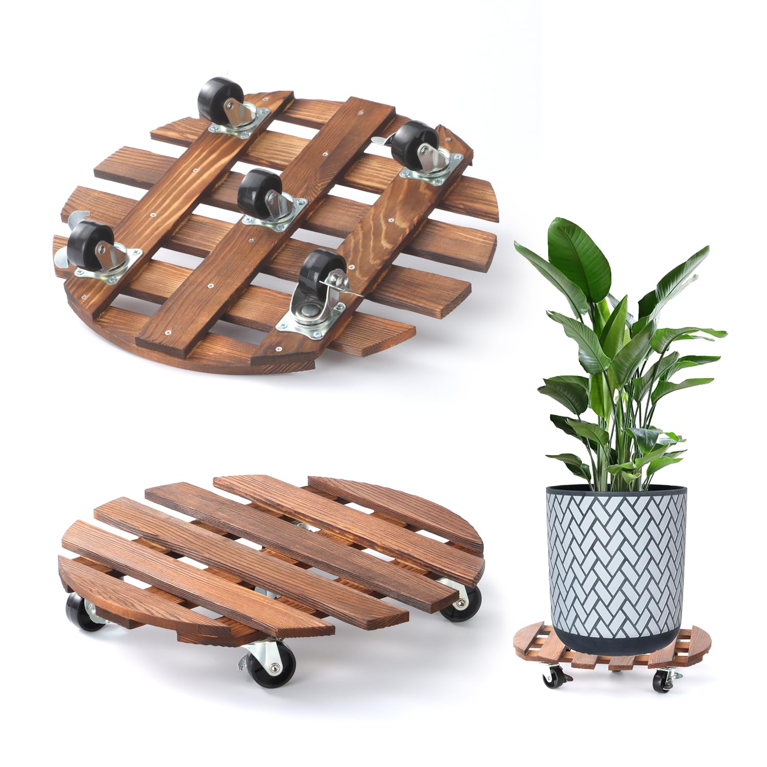 2 Pack 12" Plant Caddy with Wheels, Rolling Plant Stand 220 LB Heavy Duty Wooden Round Plant Dolly with Metal 360° Lockable Caster Wheels for Outdoor Indoor Large Plant Pots, Flower Pot, Patio