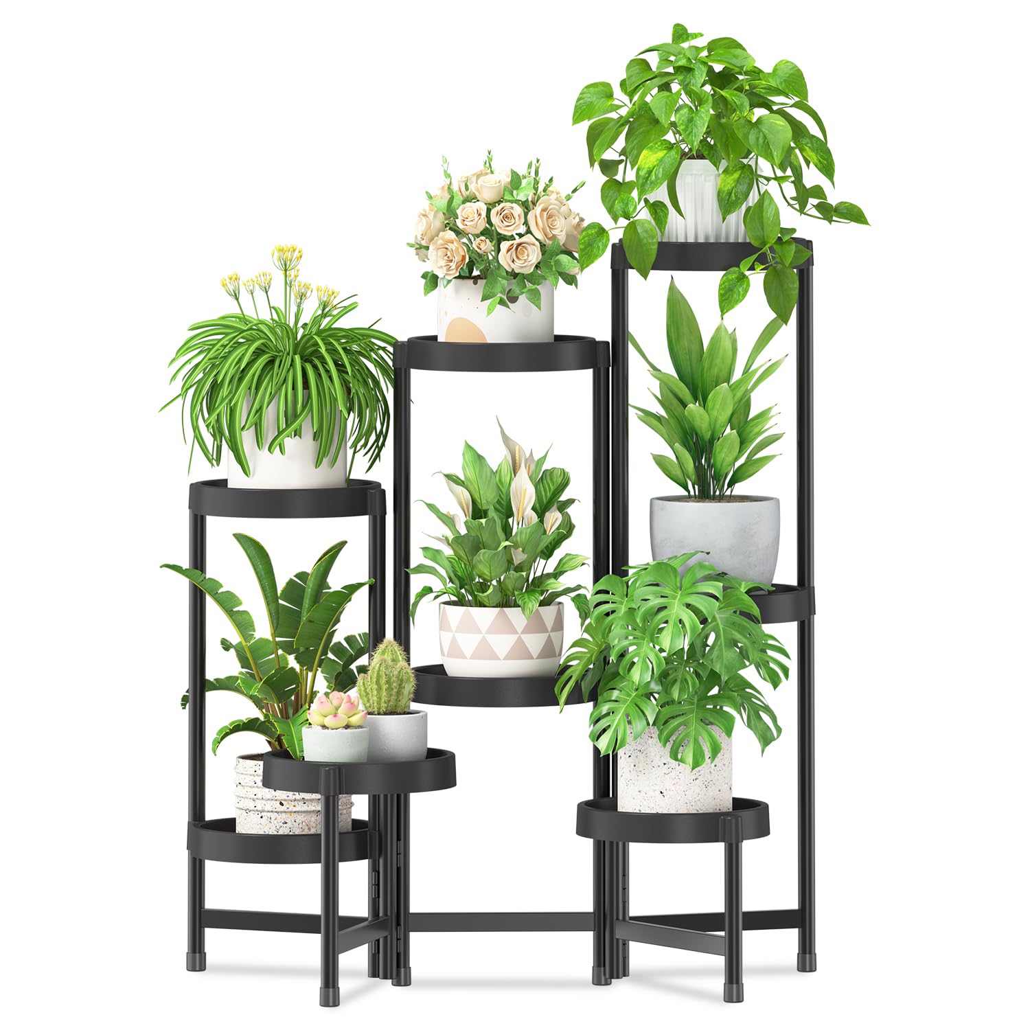 iDavosic.ly 3 Tier Folding Plant Stand Indoor Outdoor with Plastic Tray, Tiered Corner Flower Holder Shelf, Metal Orchid Display Rack for Patio Porch Living Room Garden Balcony, Modern Black