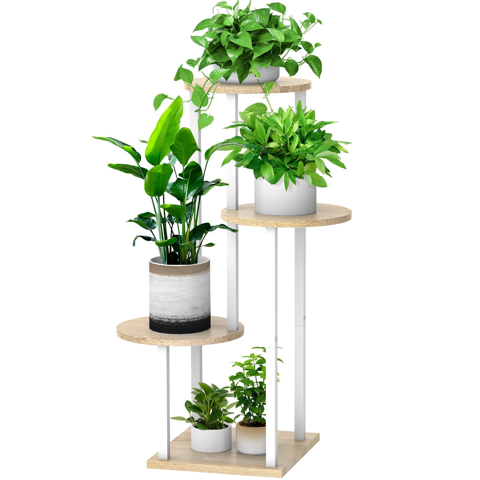 5 Tier Wood Tall Plant Stand Metal Rack Indoor, Multiple Flower Pot Holder Shelves Corner Rack, Round Planter Shelf Display Rack Storage Organizer for Patio Living Room Balcony(Black Oak)