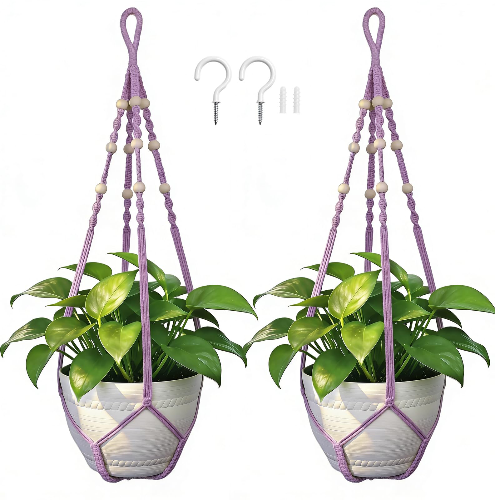 Macrame Plant Hanger, Up to 4-15 inch Pots, Wood Beads Cotton Hanging Planter Holder for Indoor Outdoor Boho Home Decor, 35 Inch, Set of 2 (Ivory)