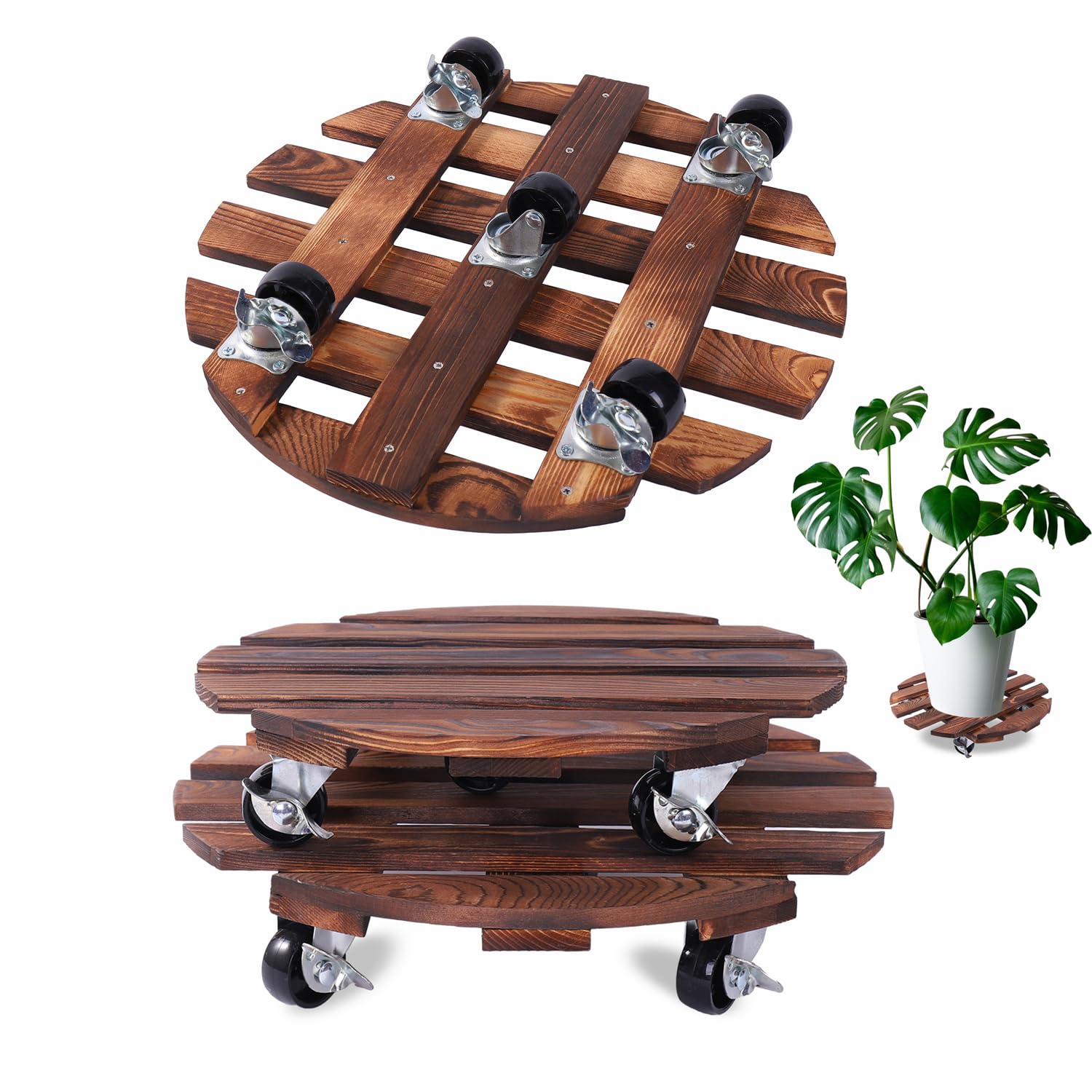 2 Pack 12" Plant Caddy with Wheels, Rolling Plant Stand 220 LB Heavy Duty Wooden Round Plant Dolly with Metal 360° Lockable Caster Wheels for Outdoor Indoor Large Plant Pots, Flower Pot, Patio