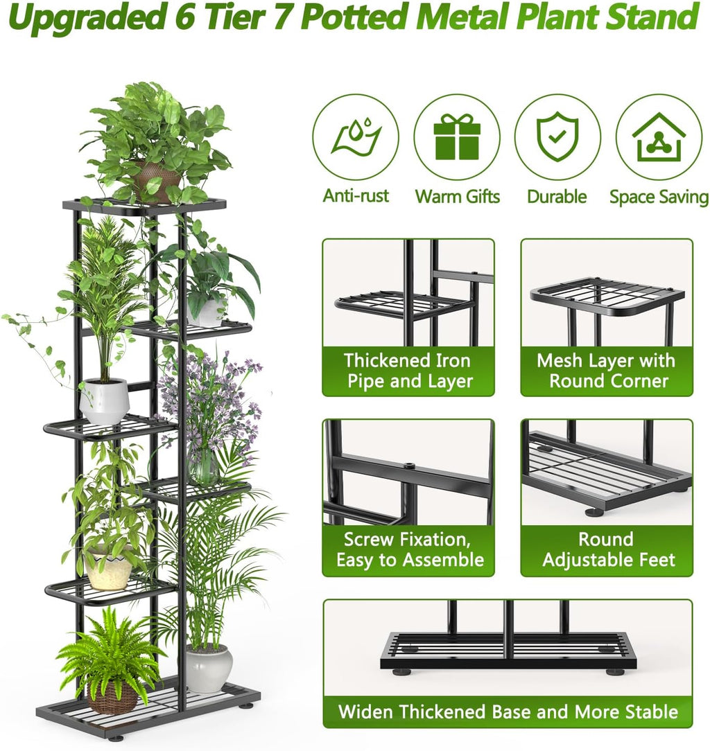 6 Tier 7 Potted Metal Plant Stand Indoor with Gardening Tools and Gloves, Corner Tall Tiered Plant Shelf Organizer Outdoor for Multiple Plants, Flower Pot Holder Display Rack for Patio, Garden
