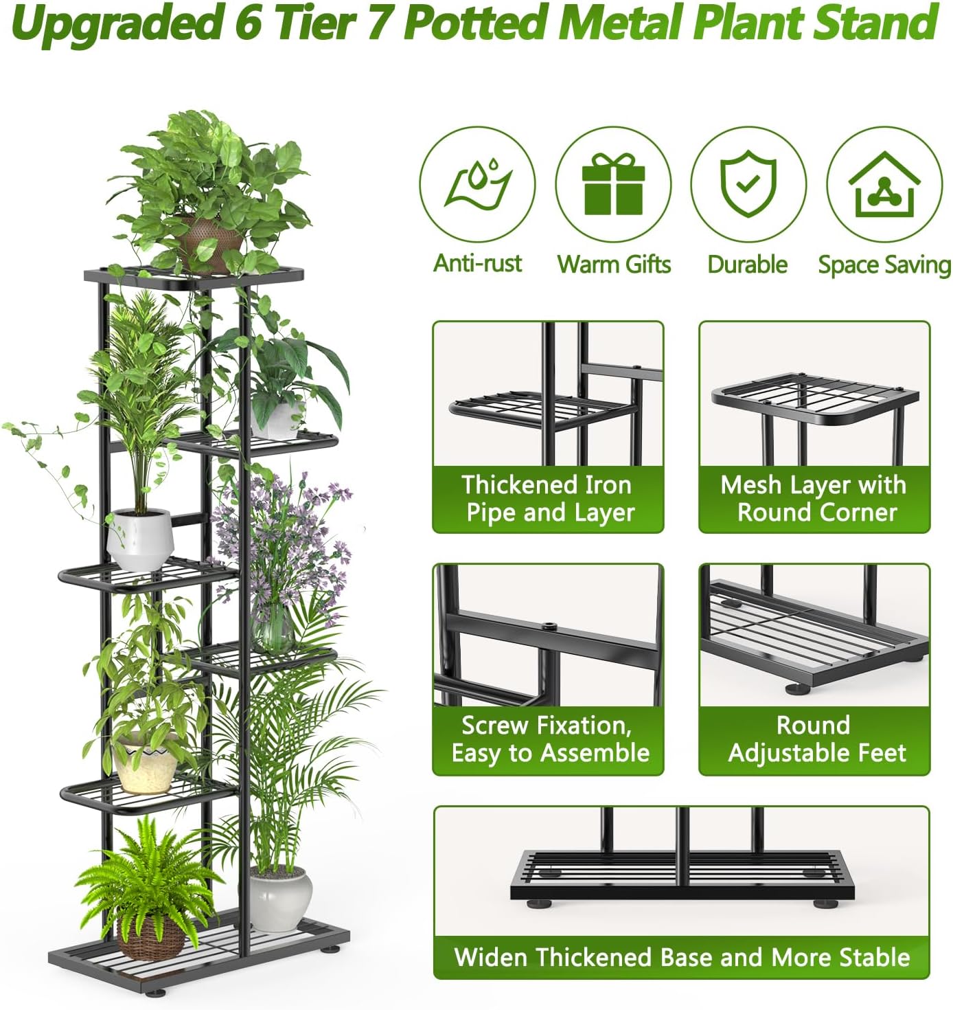 6 Tier 7 Potted Metal Plant Stand Indoor with Gardening Tools and Gloves, Corner Tall Tiered Plant Shelf Organizer Outdoor for Multiple Plants, Flower Pot Holder Display Rack for Patio, Garden