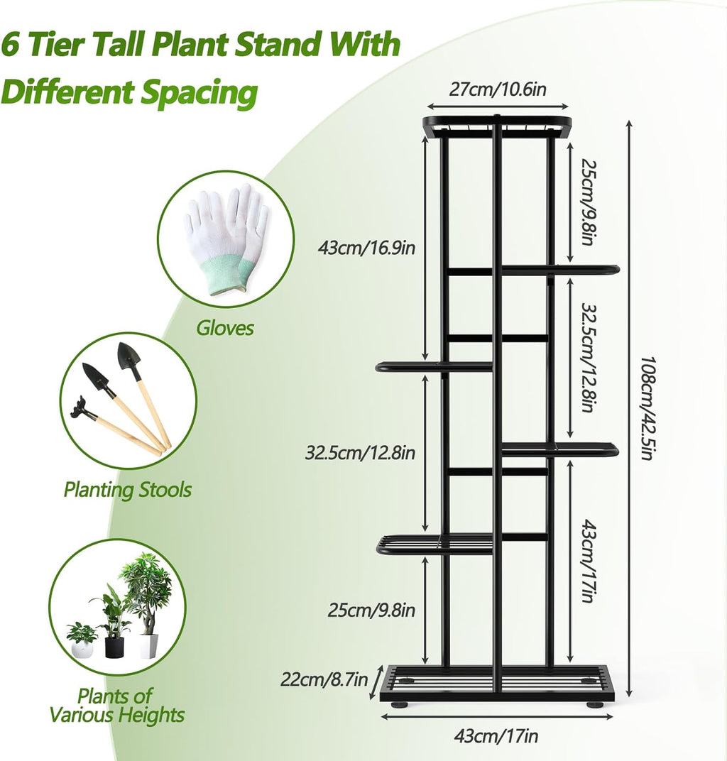 6 Tier 7 Potted Metal Plant Stand Indoor with Gardening Tools and Gloves, Corner Tall Tiered Plant Shelf Organizer Outdoor for Multiple Plants, Flower Pot Holder Display Rack for Patio, Garden