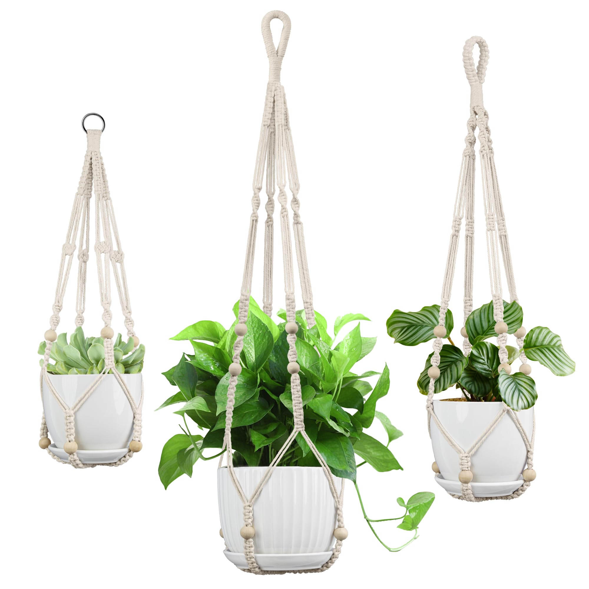 Macrame Plant Hanger - Fits 4 to 13 inches Pots for Indoor Outdoor, 35"/29"/23" Different Sizes Set, Ivory (POTS NOT Included)