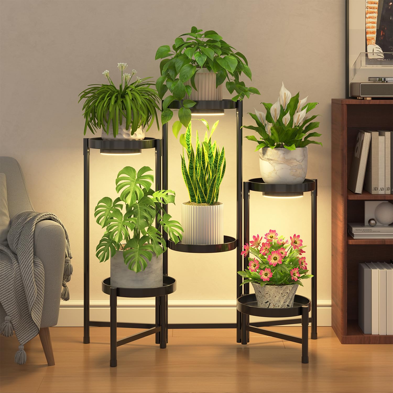 iDavosic.ly Plant Stand Indoor Outdoor, 5 Tier Corner Metal Flower Display Holder Shelf, Folding Tall Orchid Rack for Patio Balcony Porch Garden Living Room House, Gold