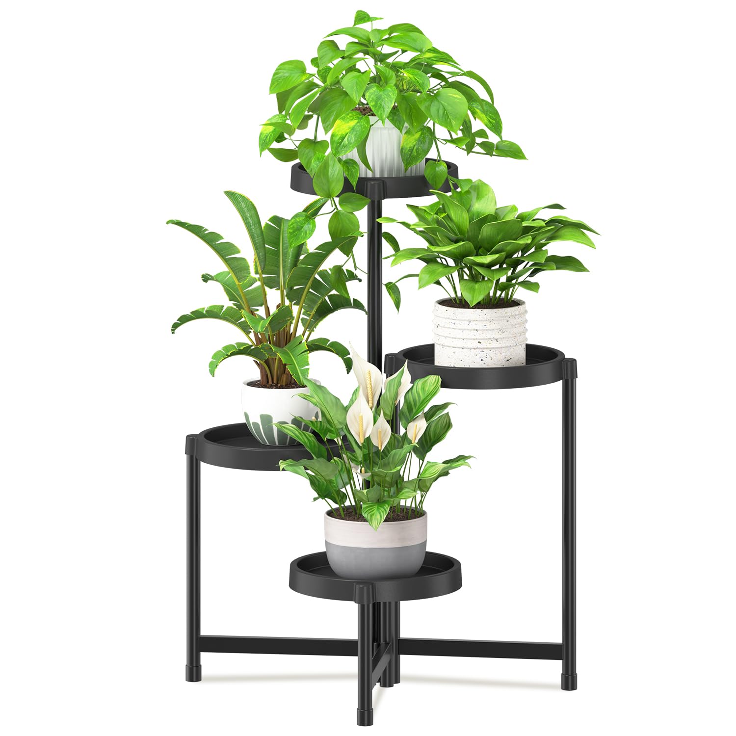iDavosic.ly 3 Tier Folding Plant Stand Indoor Outdoor with Plastic Tray, Tiered Corner Flower Holder Shelf, Metal Orchid Display Rack for Patio Porch Living Room Garden Balcony, Modern Black