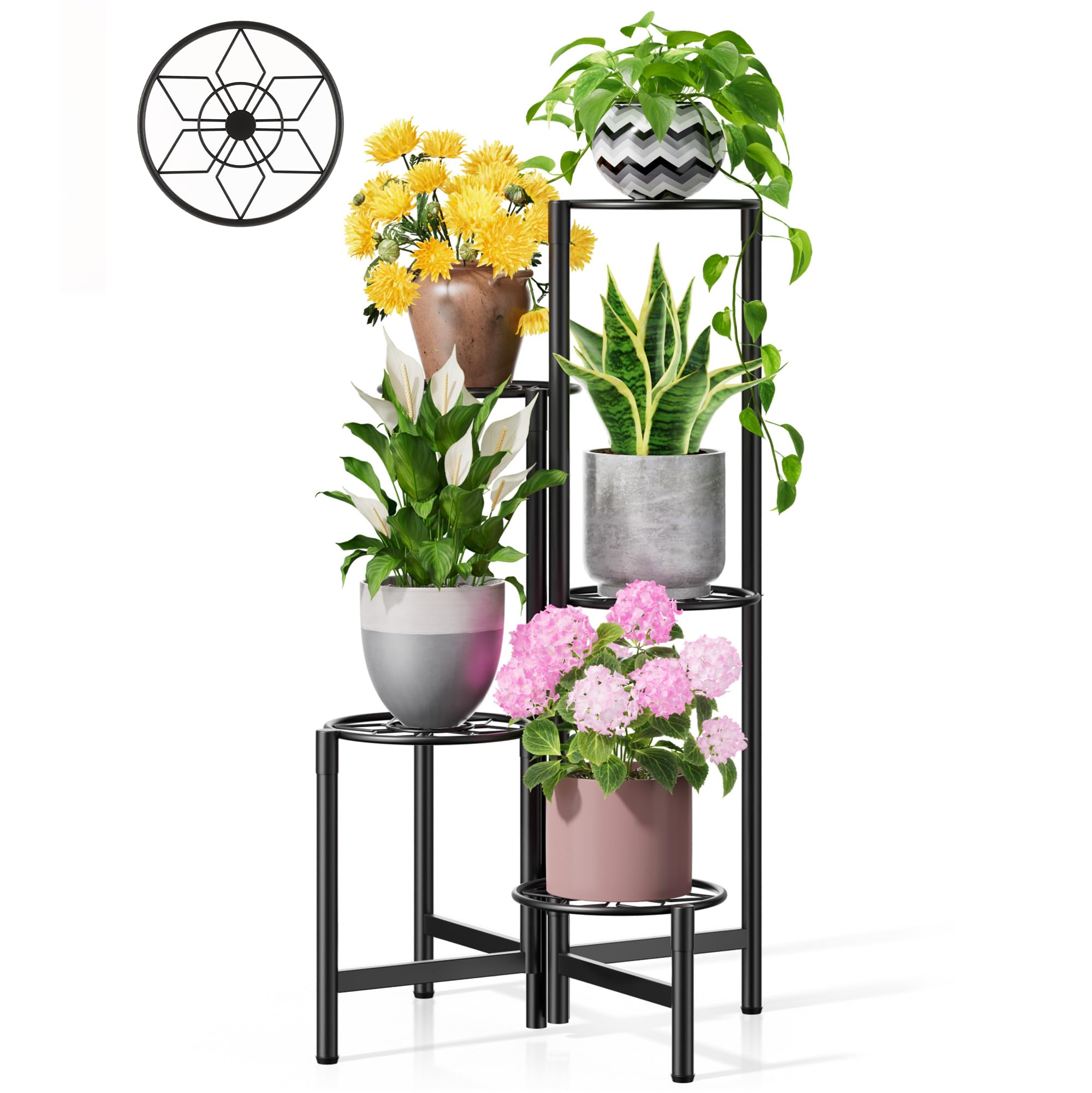 3 Tier Large Plant Stand Indoor with 7.9 Inch Wide Tray, Tiered Corner Metal Outdoor Flower Holder Stand, Folding Tall Rack for Display Shelf for Patio Porch Balcony - BlackDisk