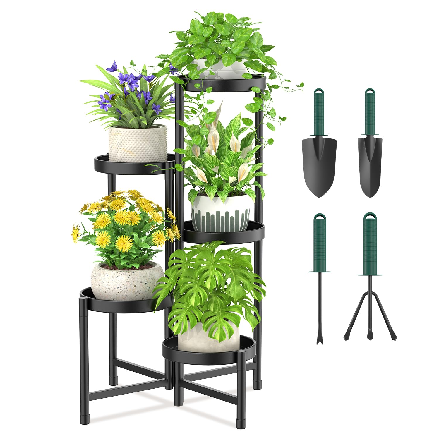 iDavosic.ly Plant Stand Indoor Outdoor, 5 Tier Corner Metal Flower Display Holder Shelf, Folding Tall Orchid Rack for Patio Balcony Porch Garden Living Room House, Gold