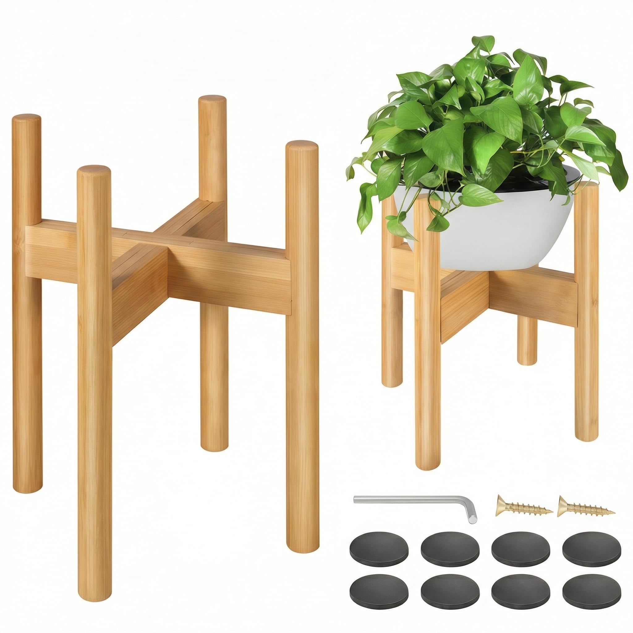 2 Pack Bamboo Plant Stands, Adjustable Plant Stand Indoor, Mid Century Modern Plant Stand, Plant Holder for Living Room, Balcony Fits 8 to 12 Inches Pots (Beige)