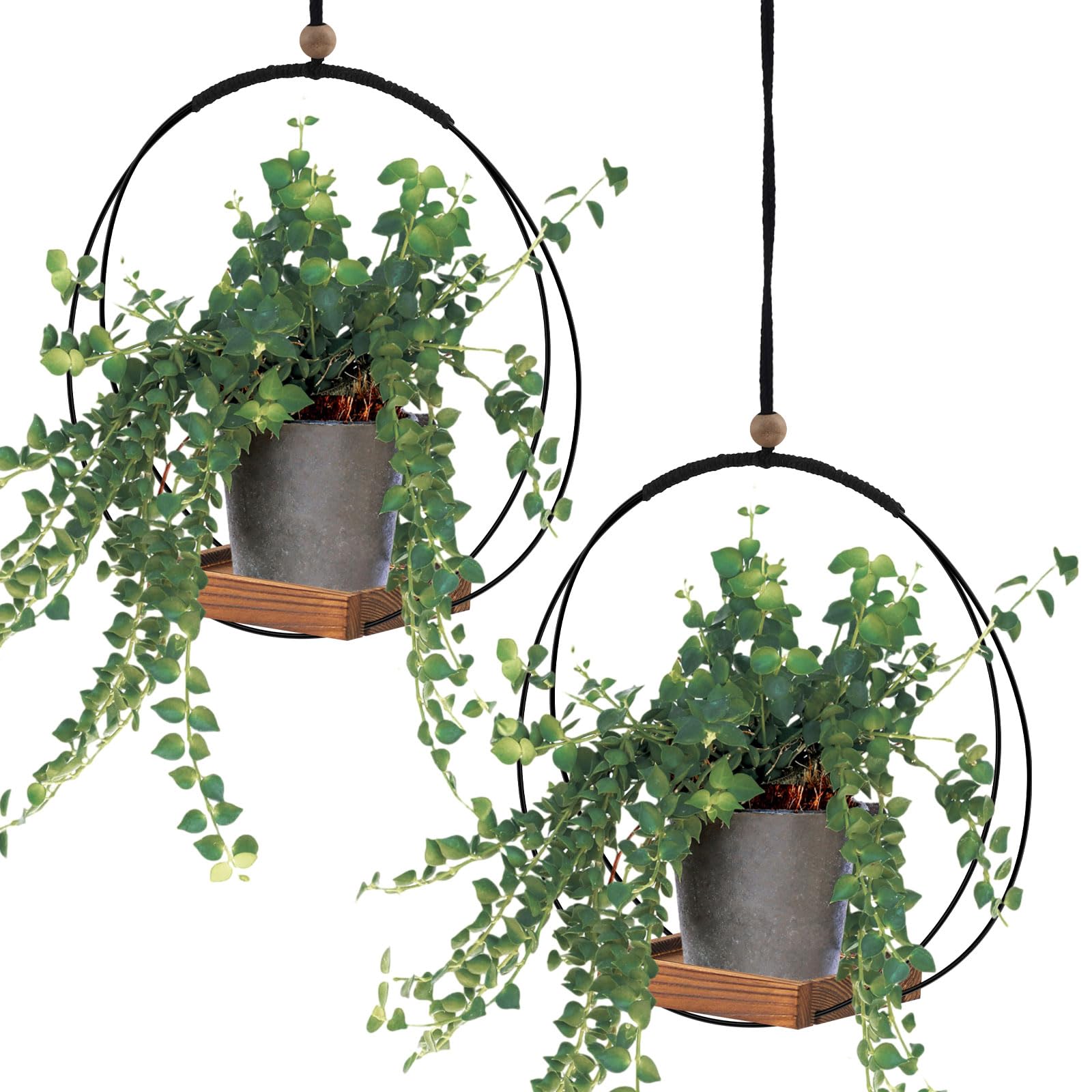 Geelin 2 Pack Plant Hanger with Wood Base Hanging Window Planter Boho Macrame Hanging Plant Holders for Window Indoor Outdoor Room Ceiling Home Decorations(Black)