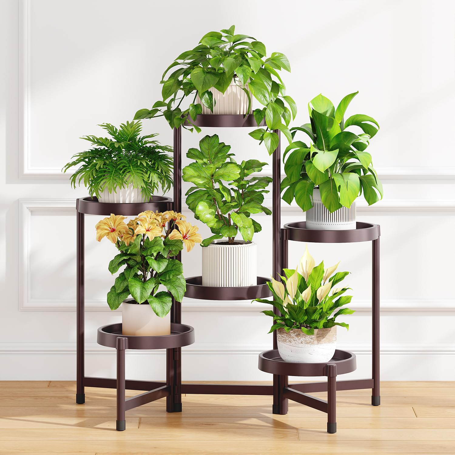 iDavosic.ly 3 Tier Folding Plant Stand Indoor Outdoor with Plastic Tray, Tiered Corner Flower Holder Shelf, Metal Orchid Display Rack for Patio Porch Living Room Garden Balcony, Modern Black